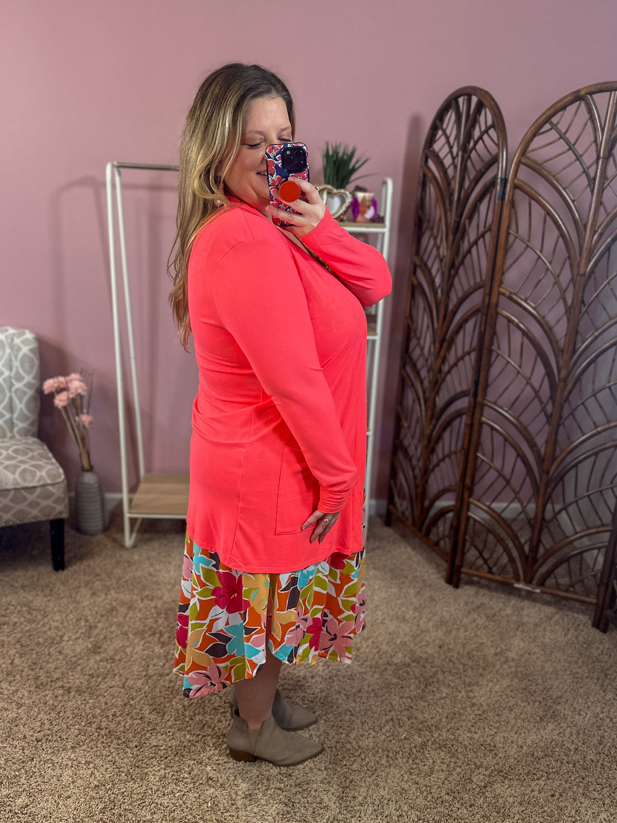 Always Perfect Long Sleeve Pocket Cardigan - Neon Coral Pink