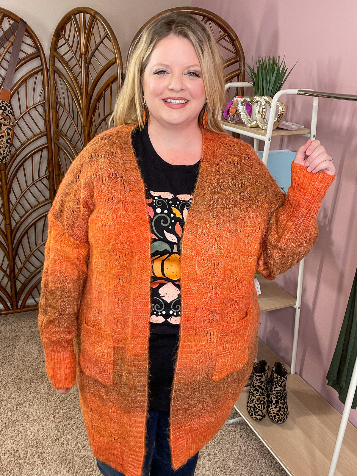 Pumpkin Patchin&#39; Open Knit Fuzzy Cardigan