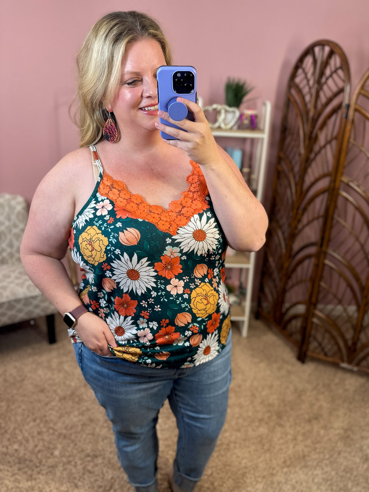 Boho Florals Lace Accent Tank - Hunter