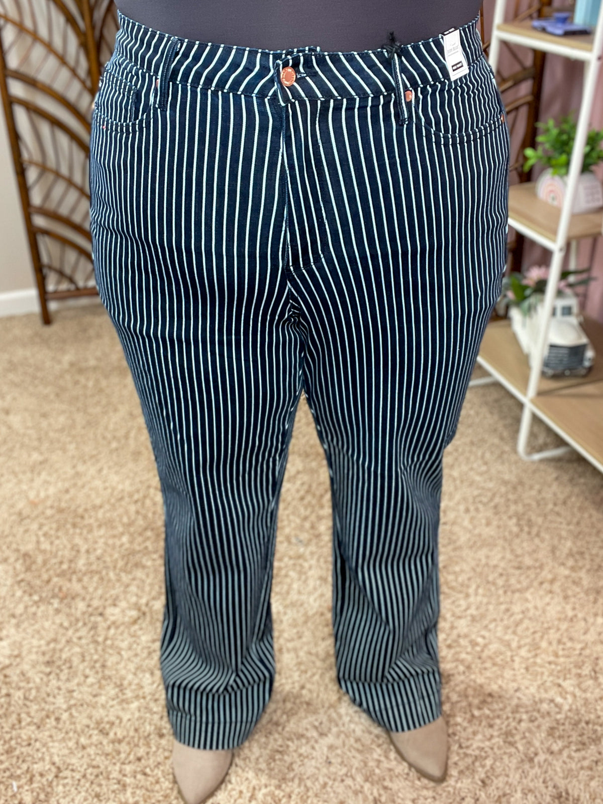 Setting Sail Tummy Control Navy Pinstripe Jeans - Judy Blue