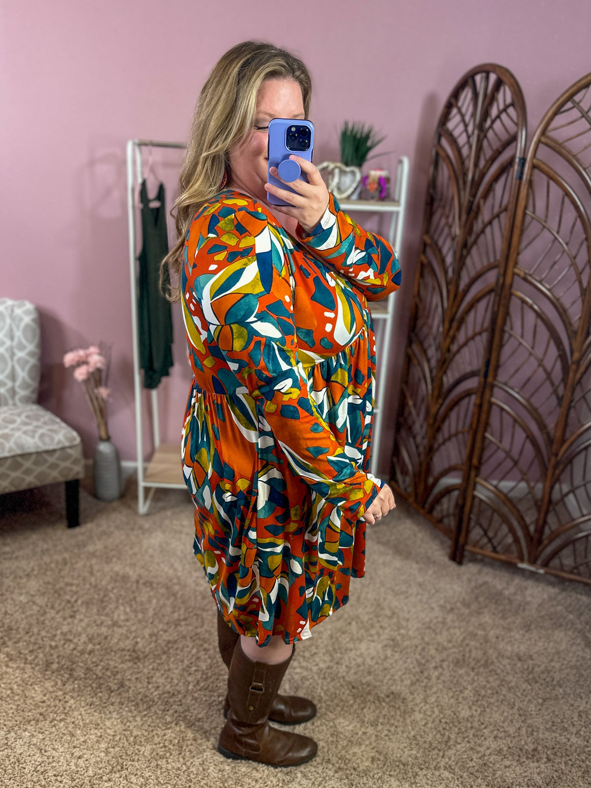 See Me Through It Babydoll Dress - Rust and Teal