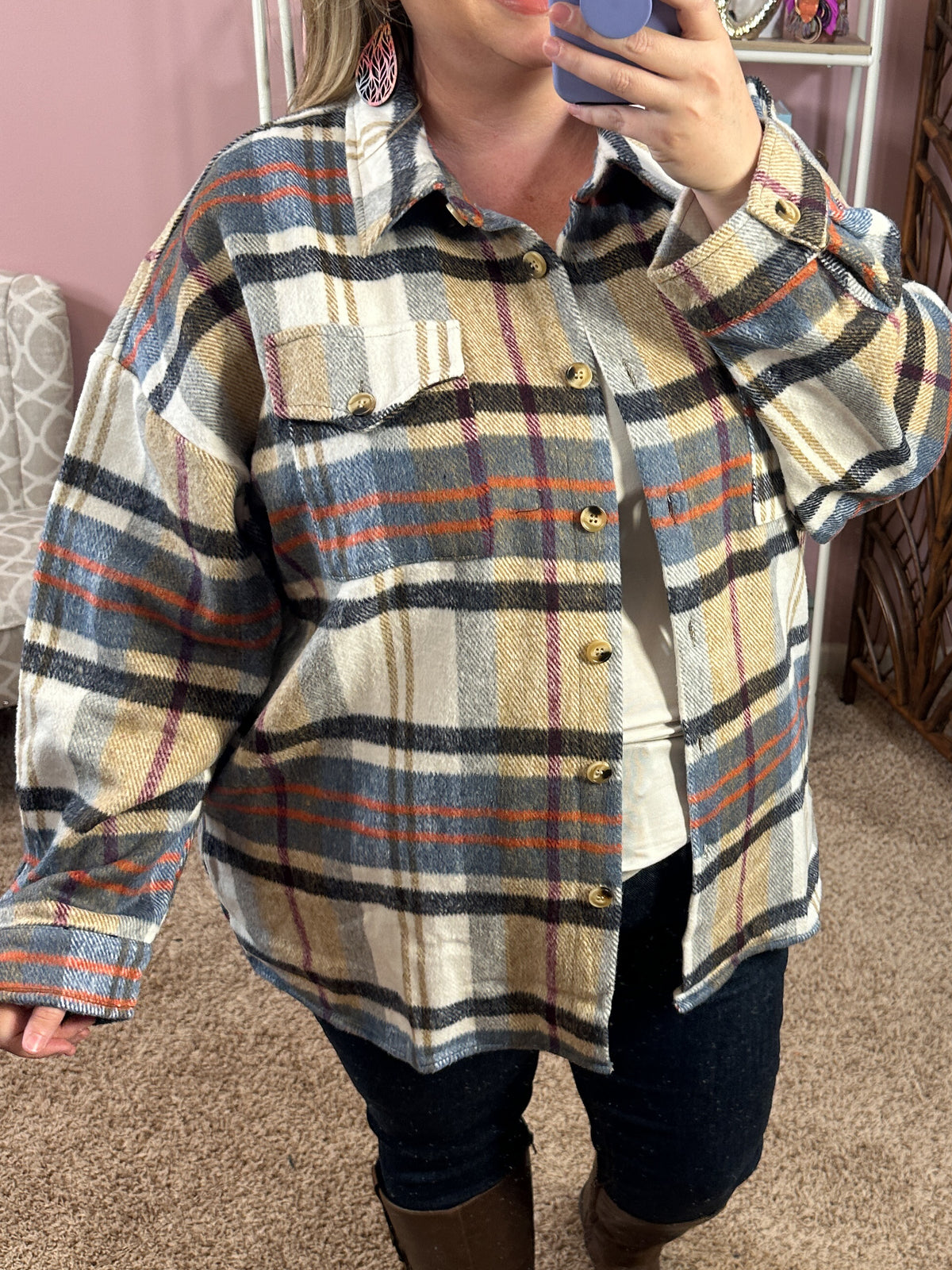 A Little Spunk Plaid Shacket - Taupe Mix