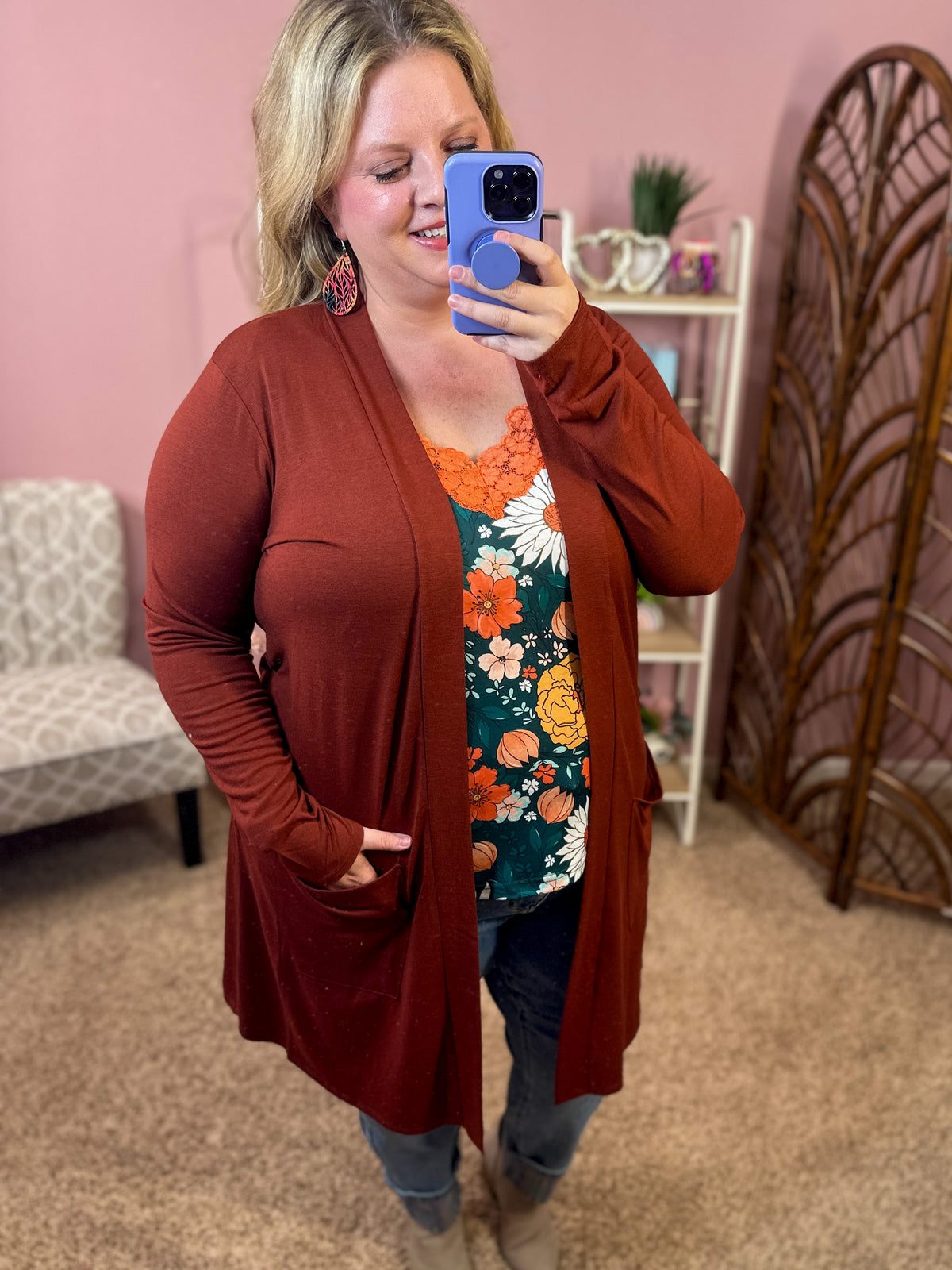 So Extra Longline Pocket Cardigan - Dark Rust