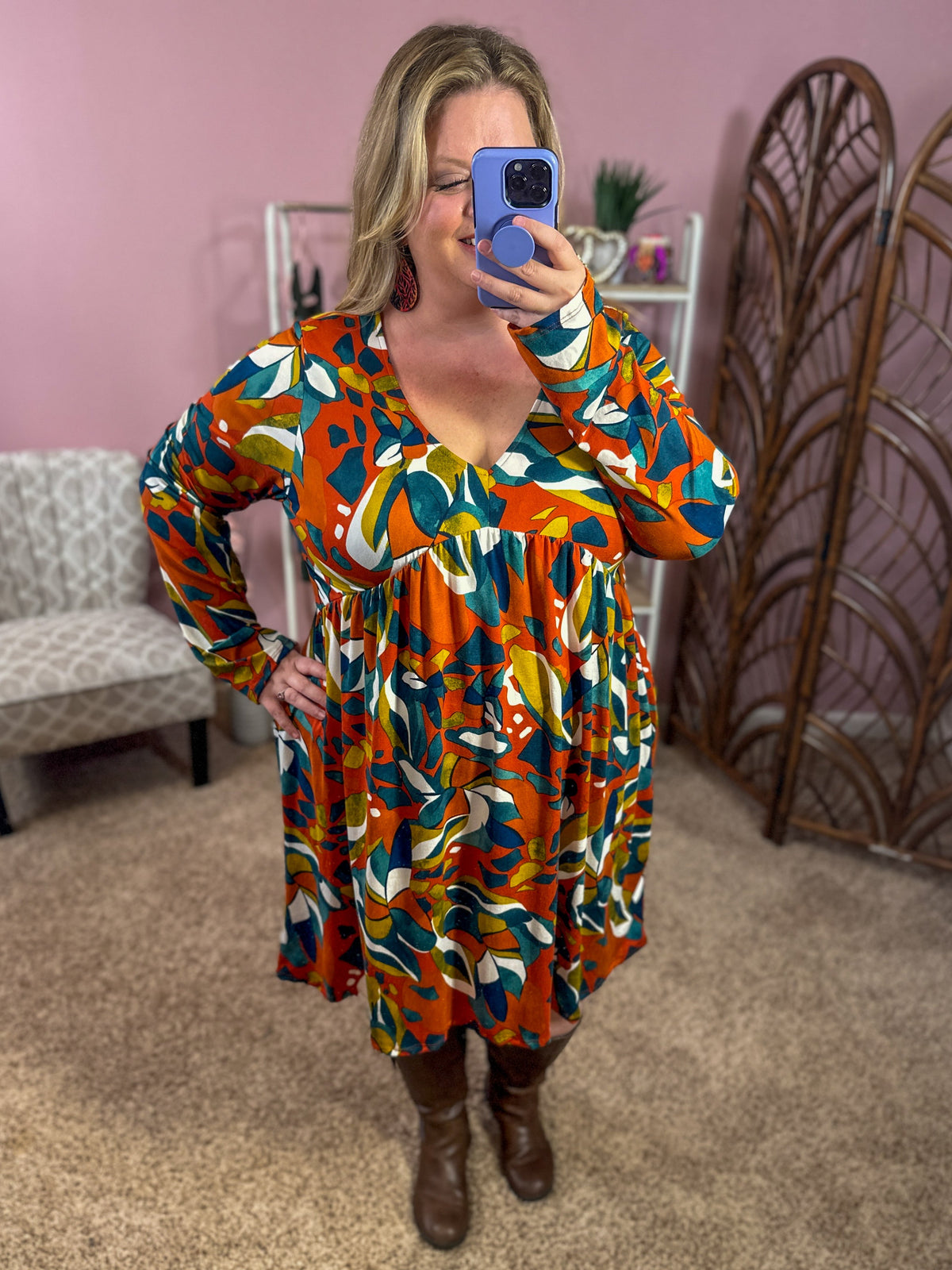 See Me Through It Babydoll Dress - Rust and Teal