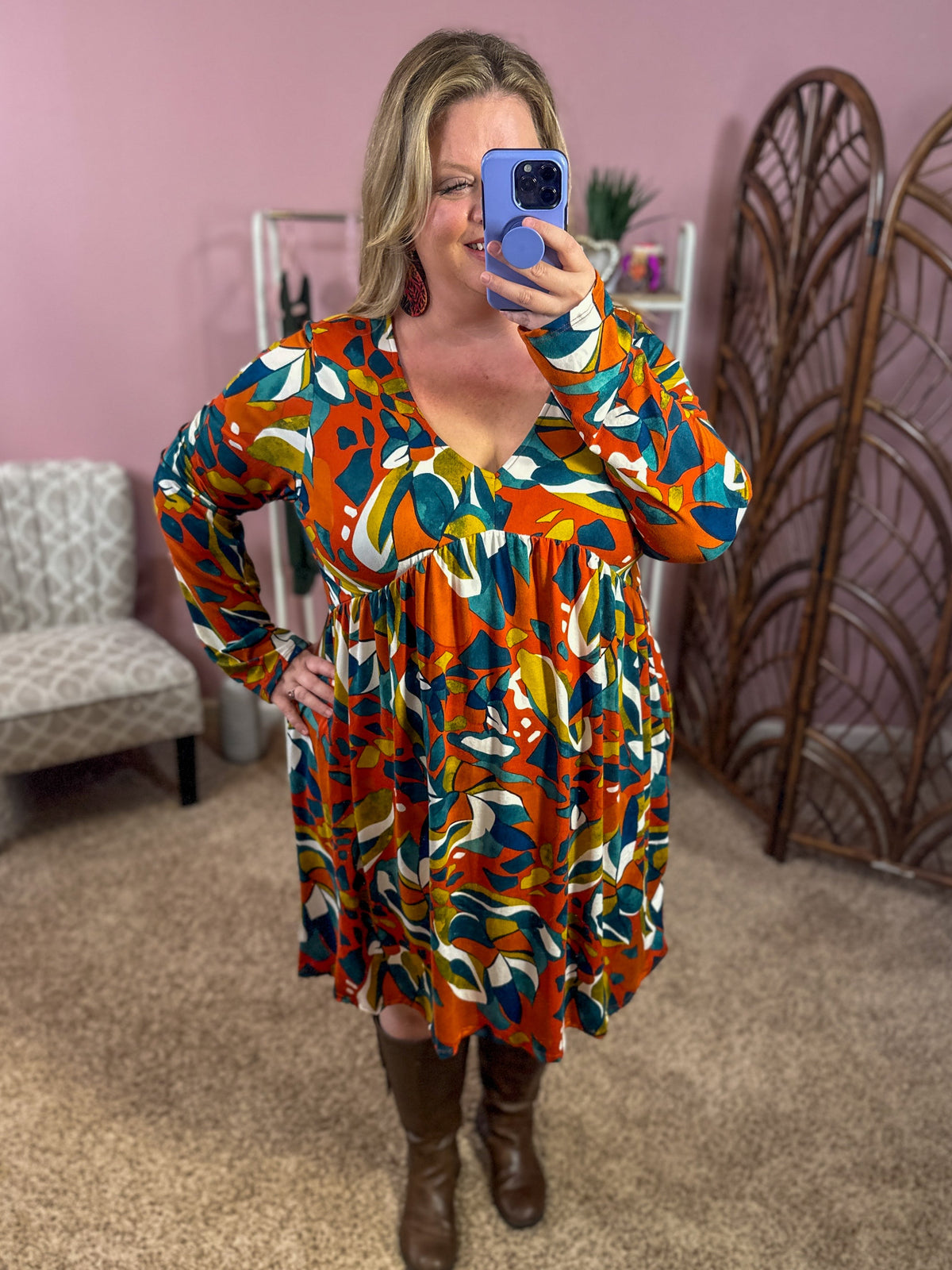 See Me Through It Babydoll Dress - Rust and Teal