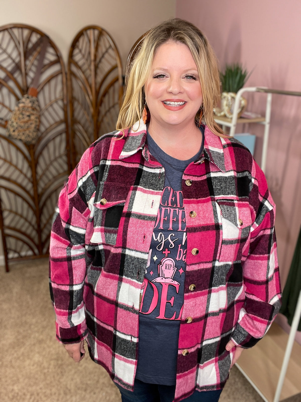 Feeling Fine Plaid Shacket - Pink Mix