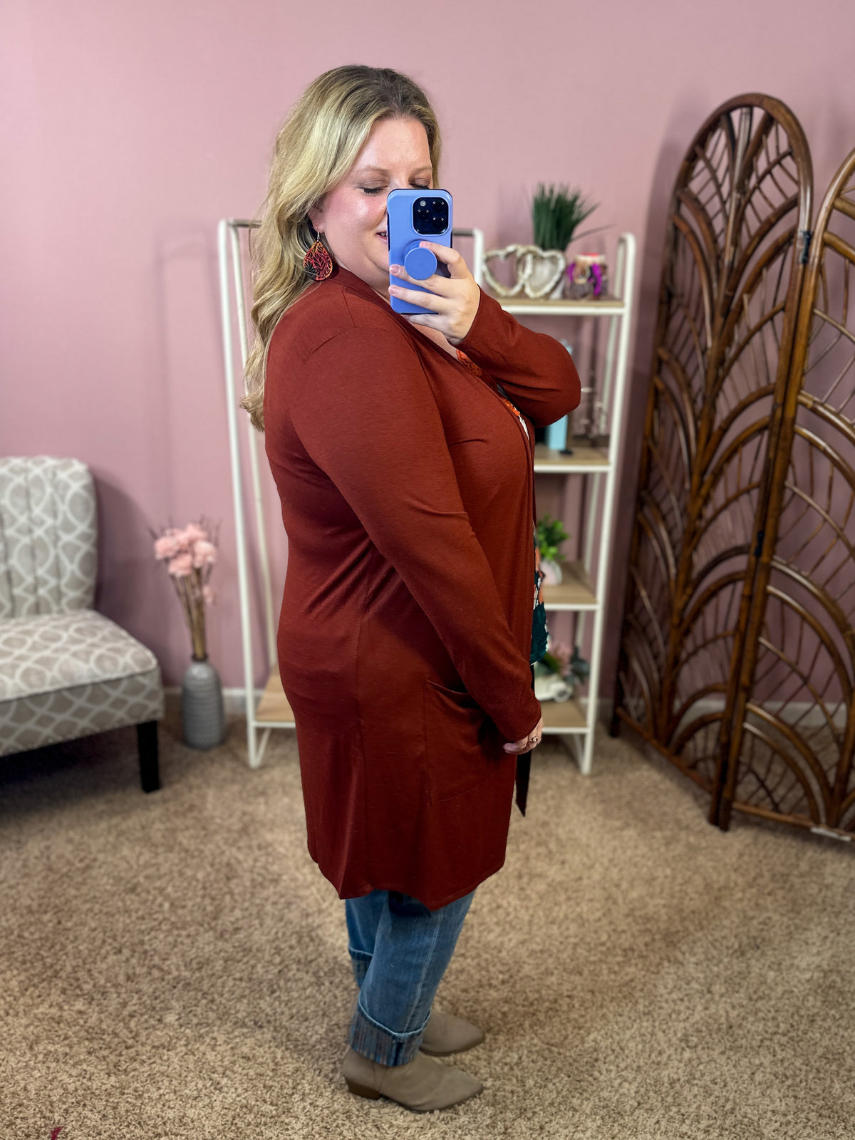 So Extra Longline Pocket Cardigan - Dark Rust