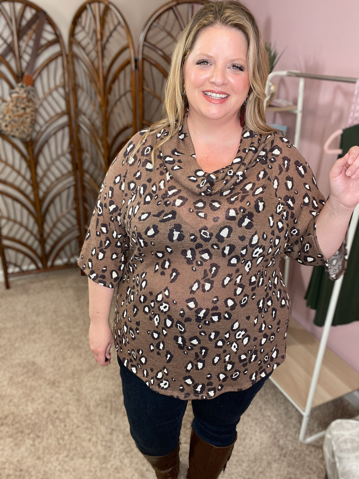 Sheer Luck Animal Print Cowl Neck Top