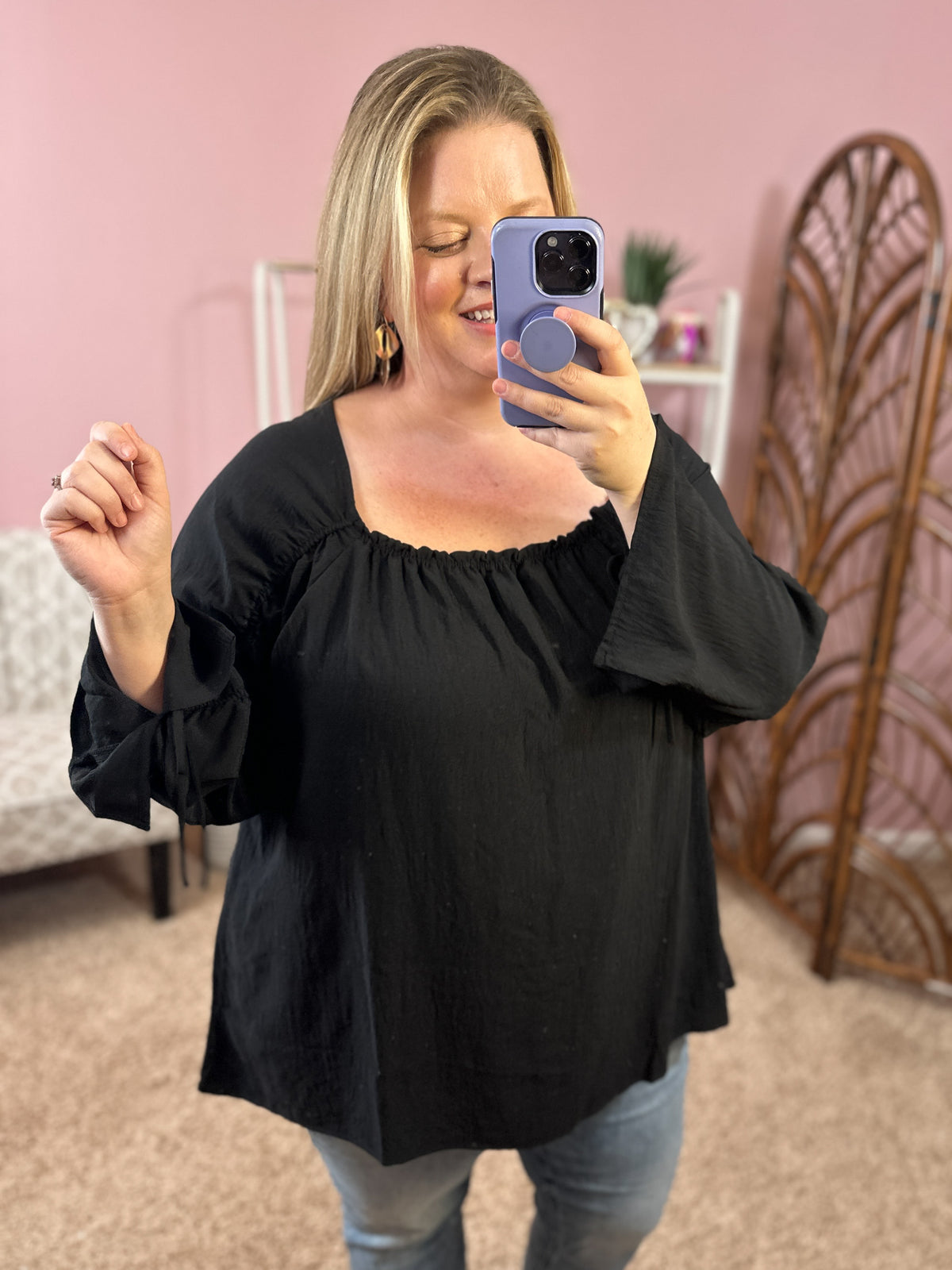 Make Your Wish Ruched Sleeve Top - Black