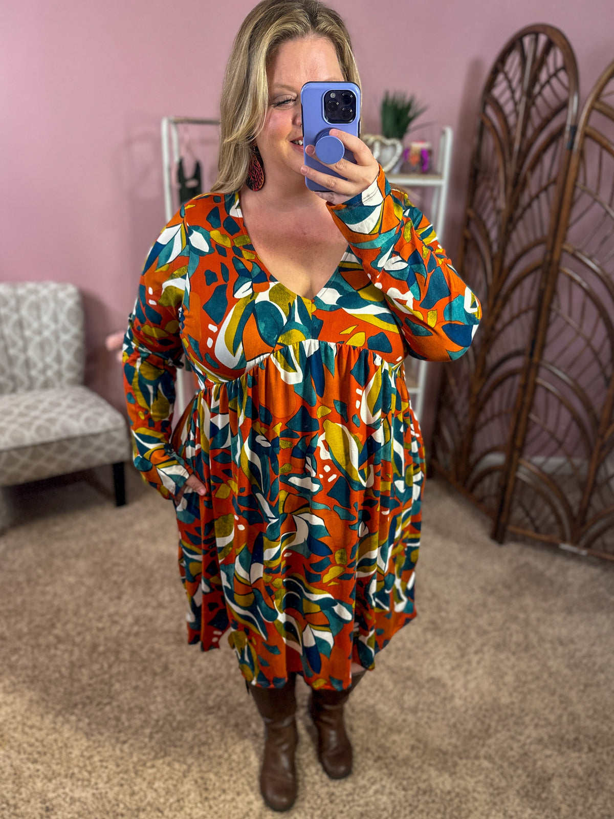 See Me Through It Babydoll Dress - Rust and Teal