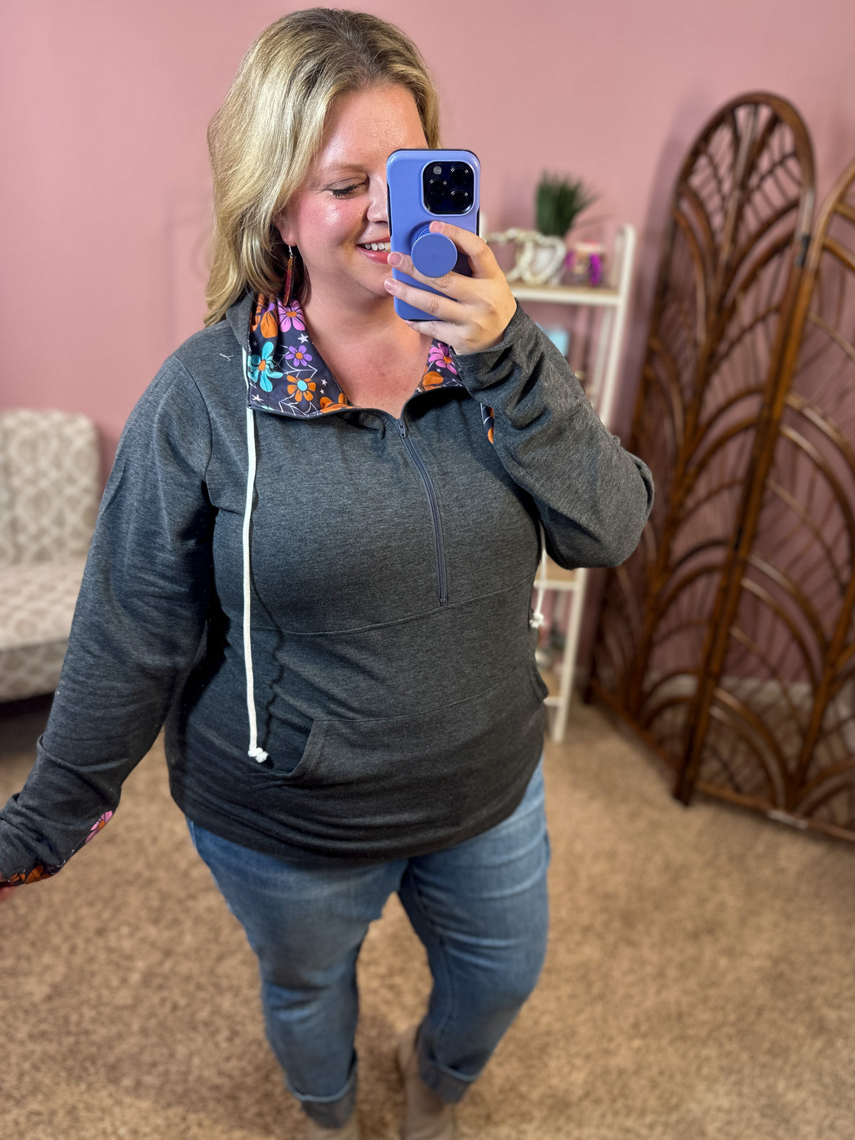 Retro Floral Fall Pullover Hoodie w/Thumbholes