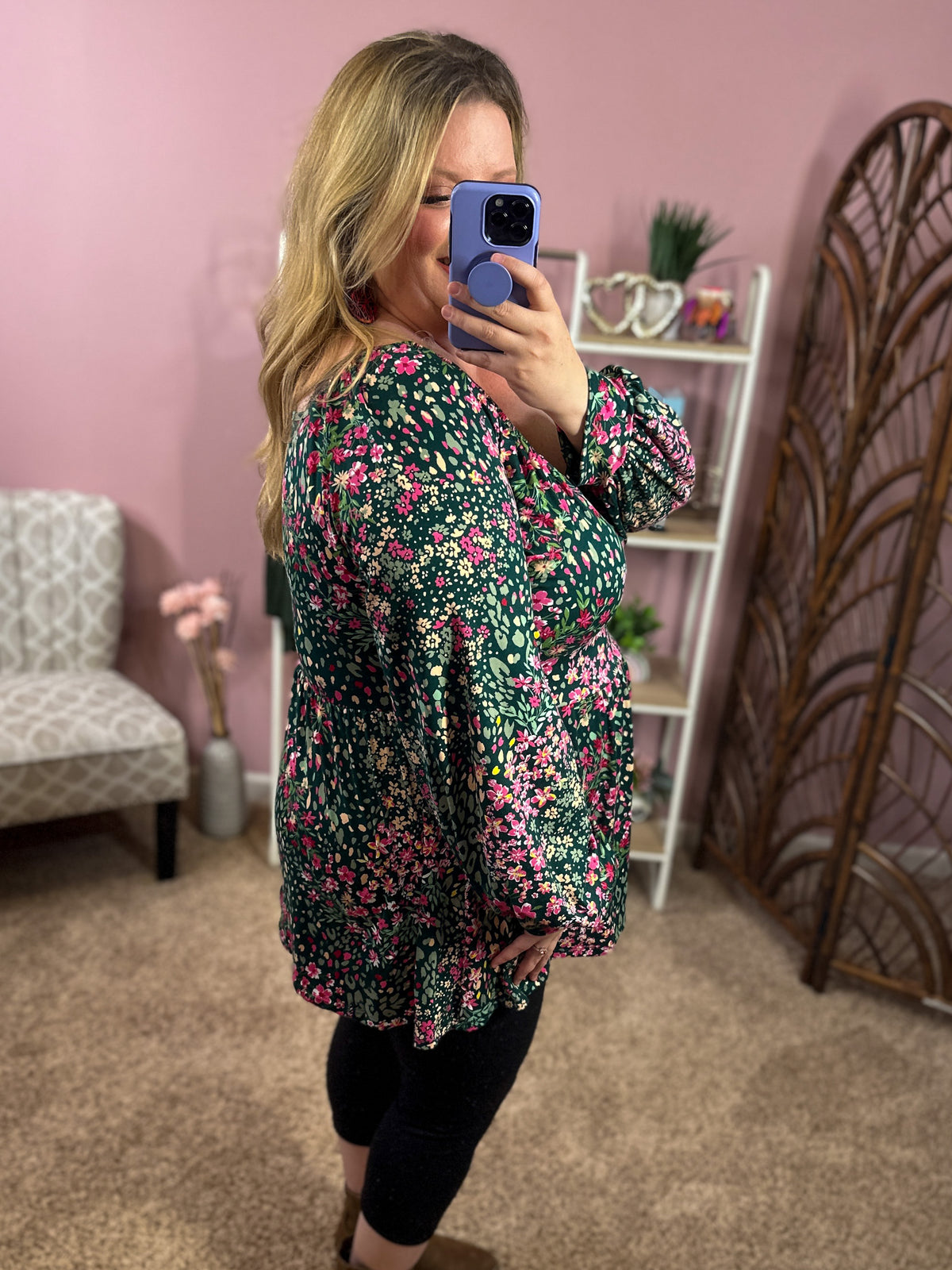 Classy Chic Peasant Top - Ditzy Pink and Hunter