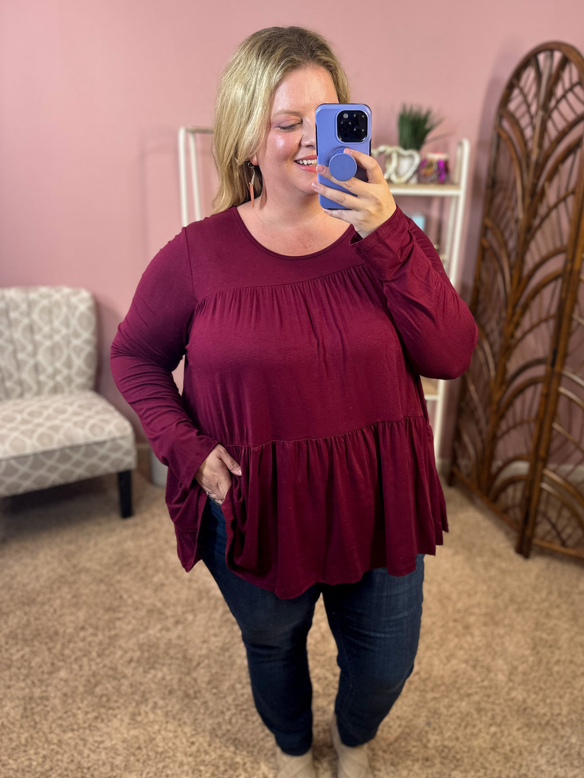 Ways of the World Loose Peplum Top - Burgundy