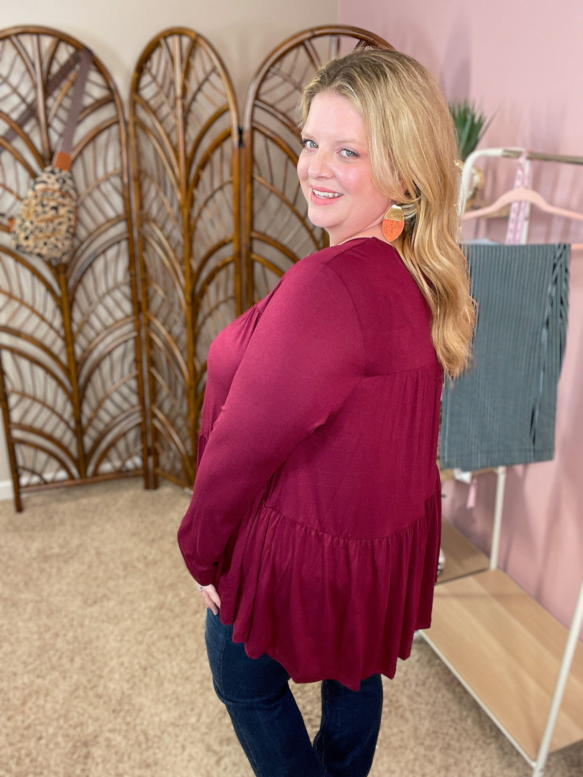 Ways of the World Loose Peplum Top - Burgundy