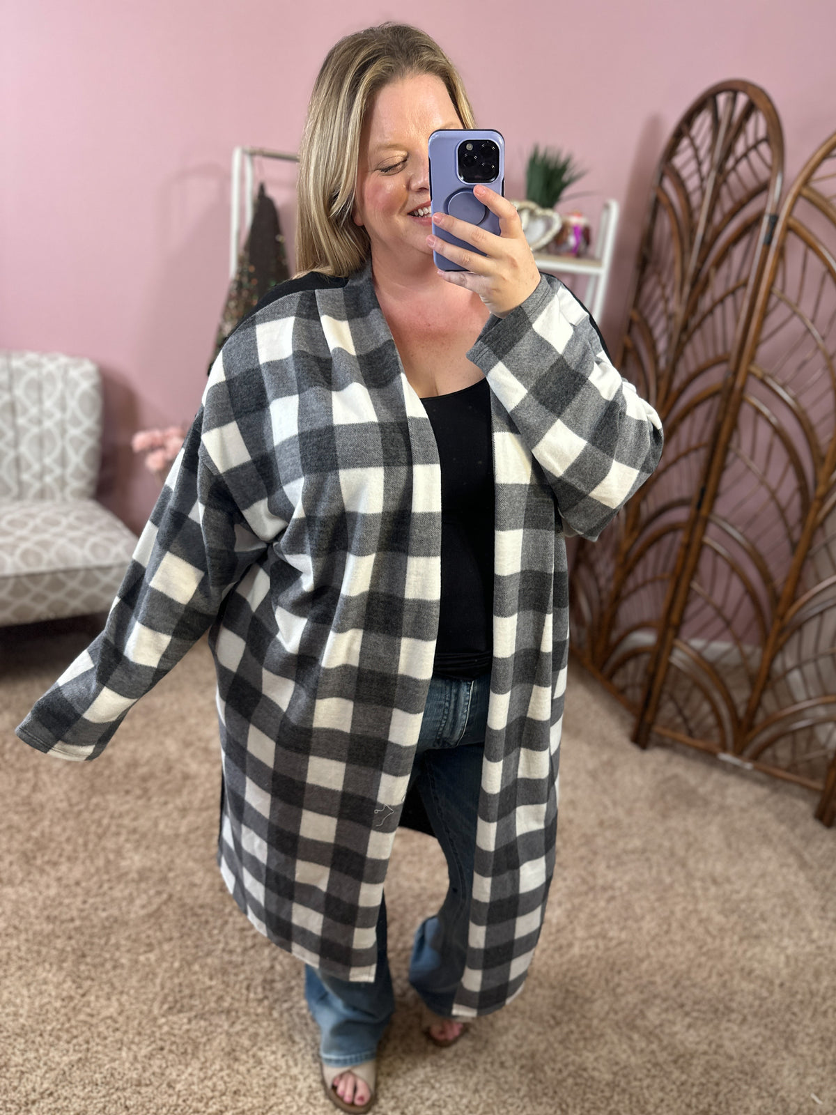 How&#39;s the Weather Long Hacci Cardigan - Black/White Plaid
