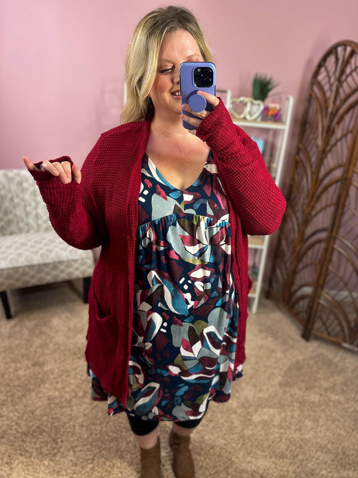 Bonnie and Clyde Waffle Knit Cardigan - Wine