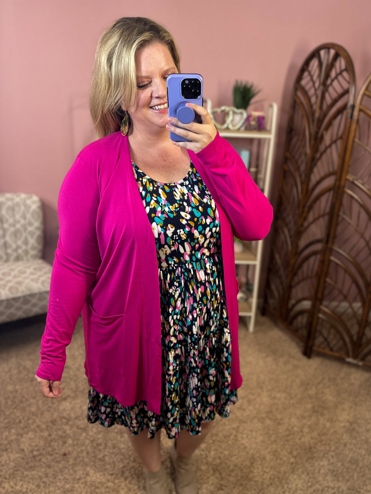 Always Perfect Long Sleeve Pocket Cardigan - Magenta