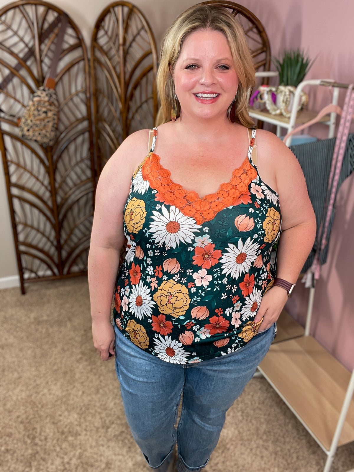Boho Florals Lace Accent Tank - Hunter