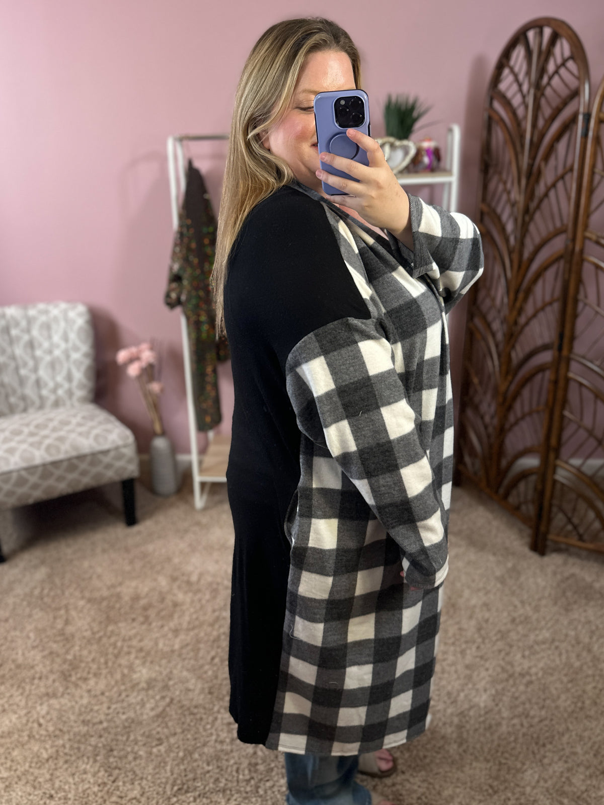 How&#39;s the Weather Long Hacci Cardigan - Black/White Plaid