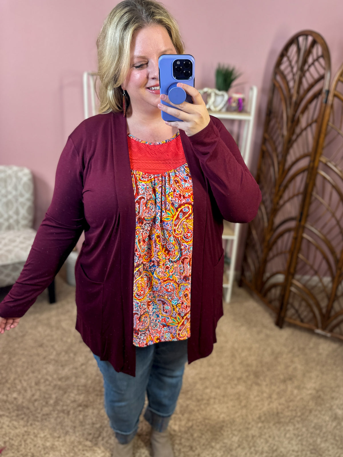 Always Perfect Long Sleeve Pocket Cardigan - Dark Burgundy