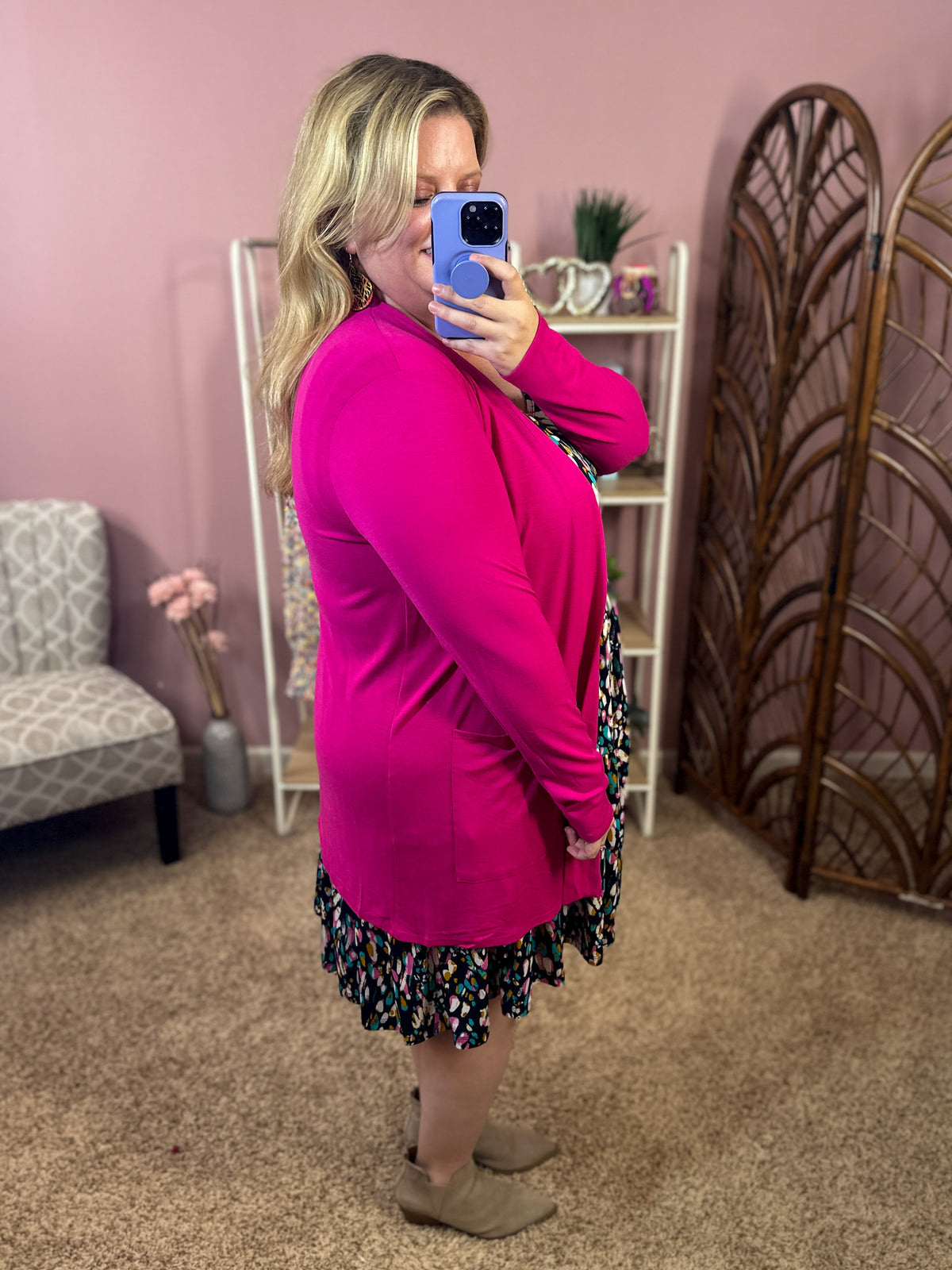Always Perfect Long Sleeve Pocket Cardigan - Magenta