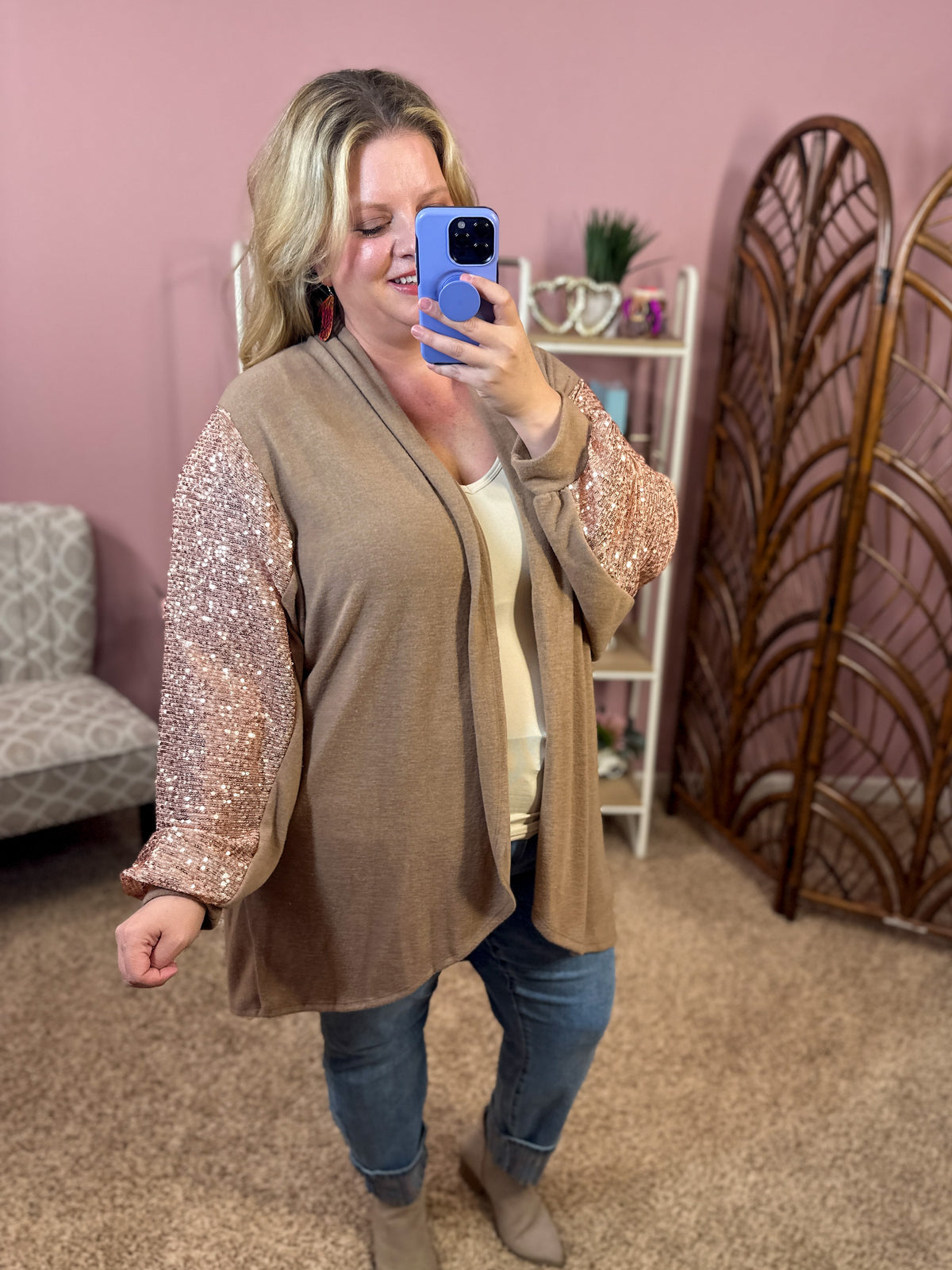 Make it Shimmer Sequin Cardigan - Mocha