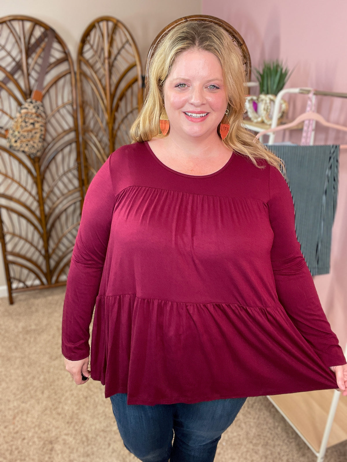 Ways of the World Loose Peplum Top - Burgundy