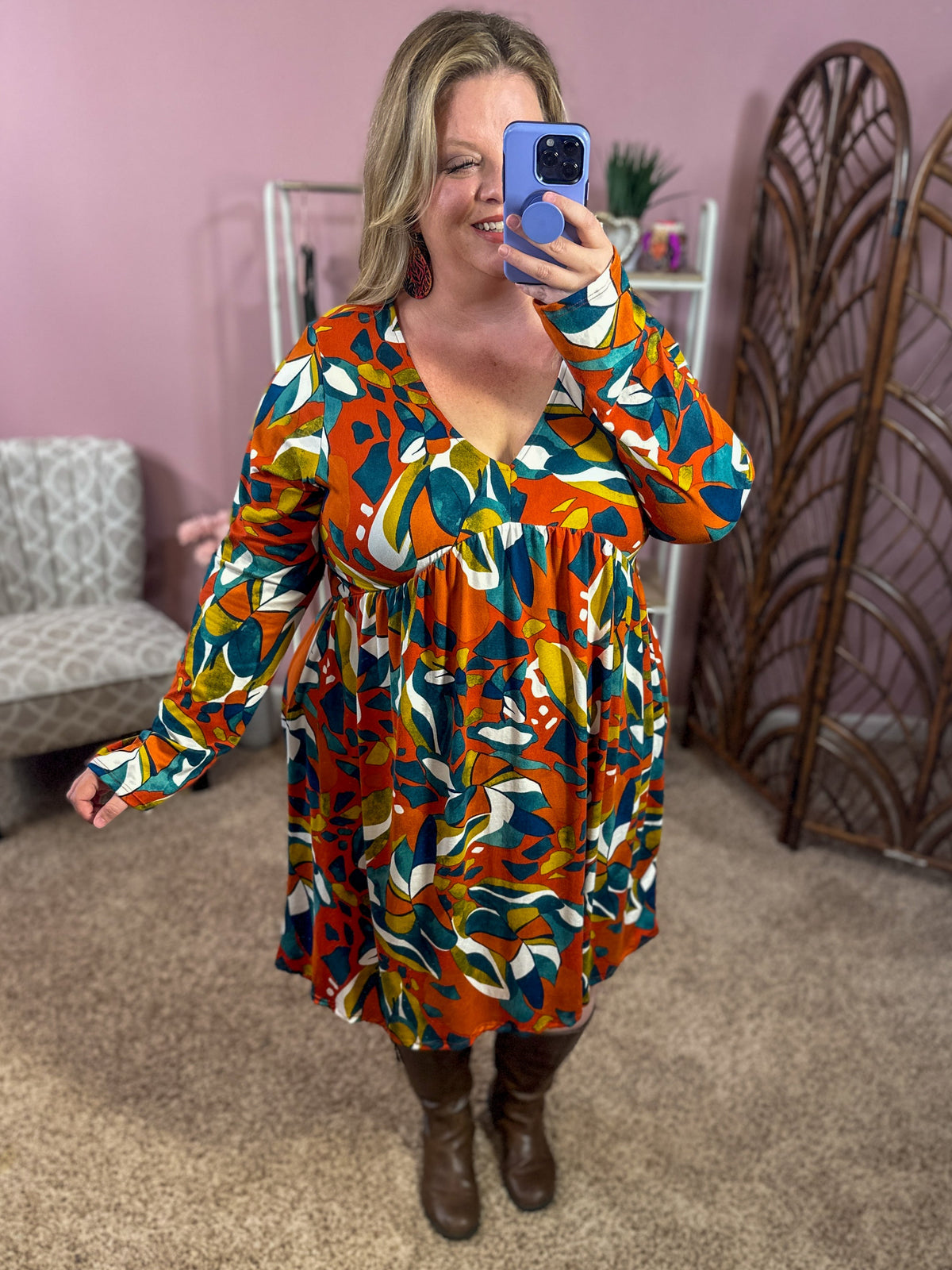 See Me Through It Babydoll Dress - Rust and Teal