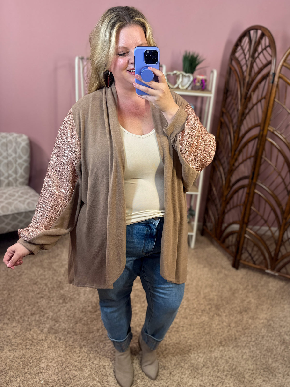 Make it Shimmer Sequin Cardigan - Mocha