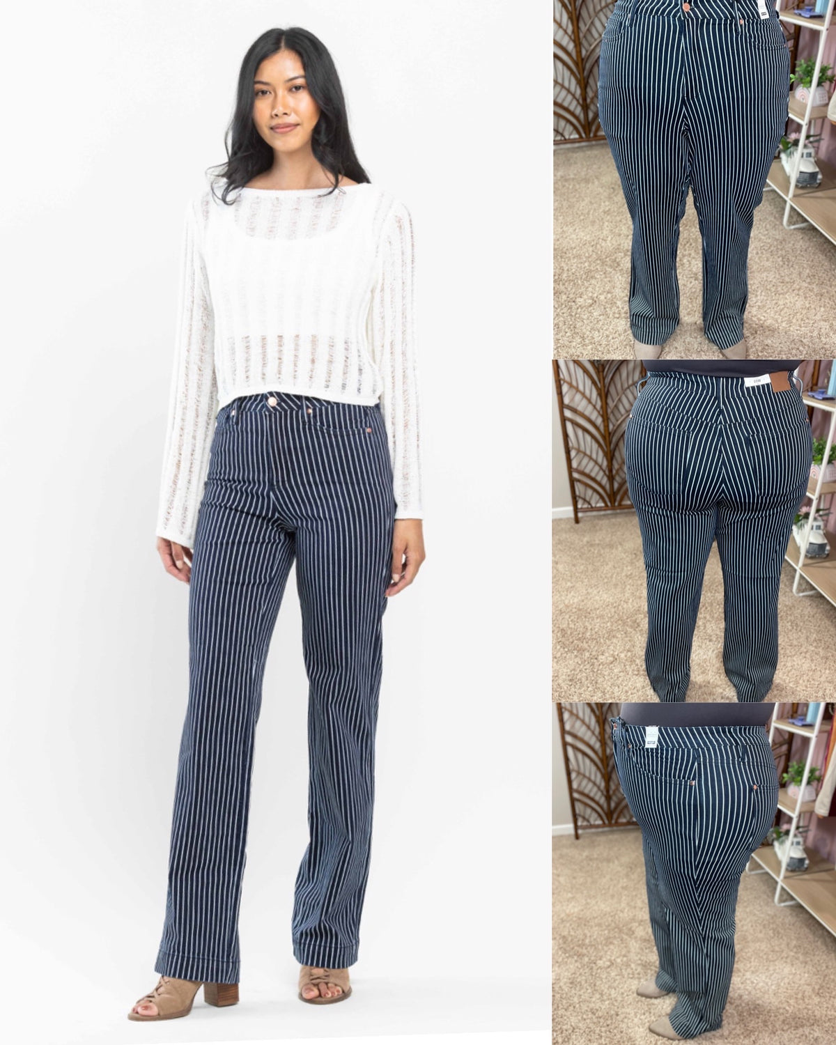 Setting Sail Tummy Control Navy Pinstripe Jeans - Judy Blue