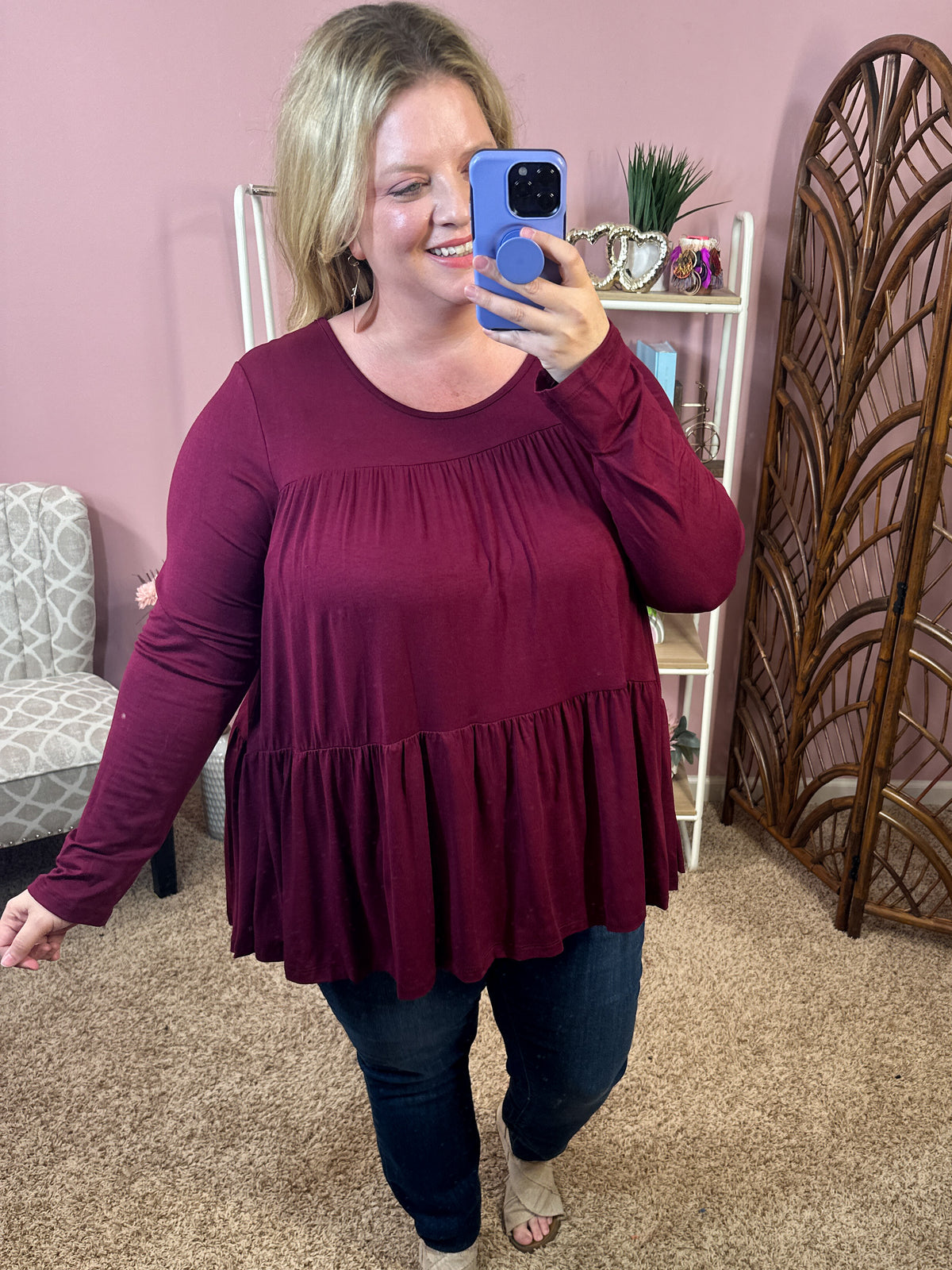 Ways of the World Loose Peplum Top - Burgundy