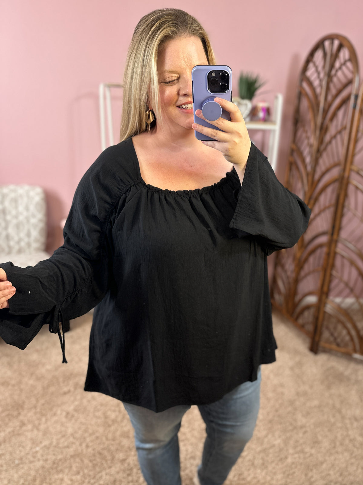 Make Your Wish Ruched Sleeve Top - Black