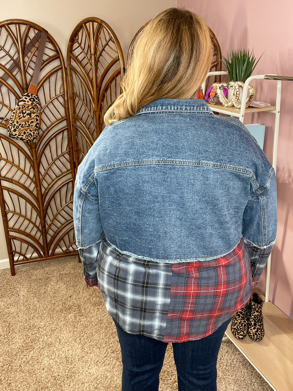 Pieced Together Denim Plaid Shacket