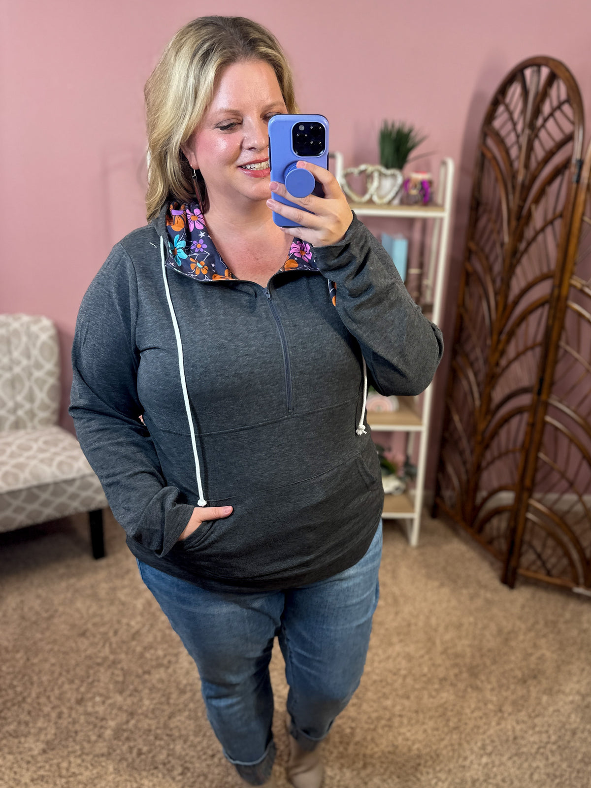 Retro Floral Fall Pullover Hoodie w/Thumbholes