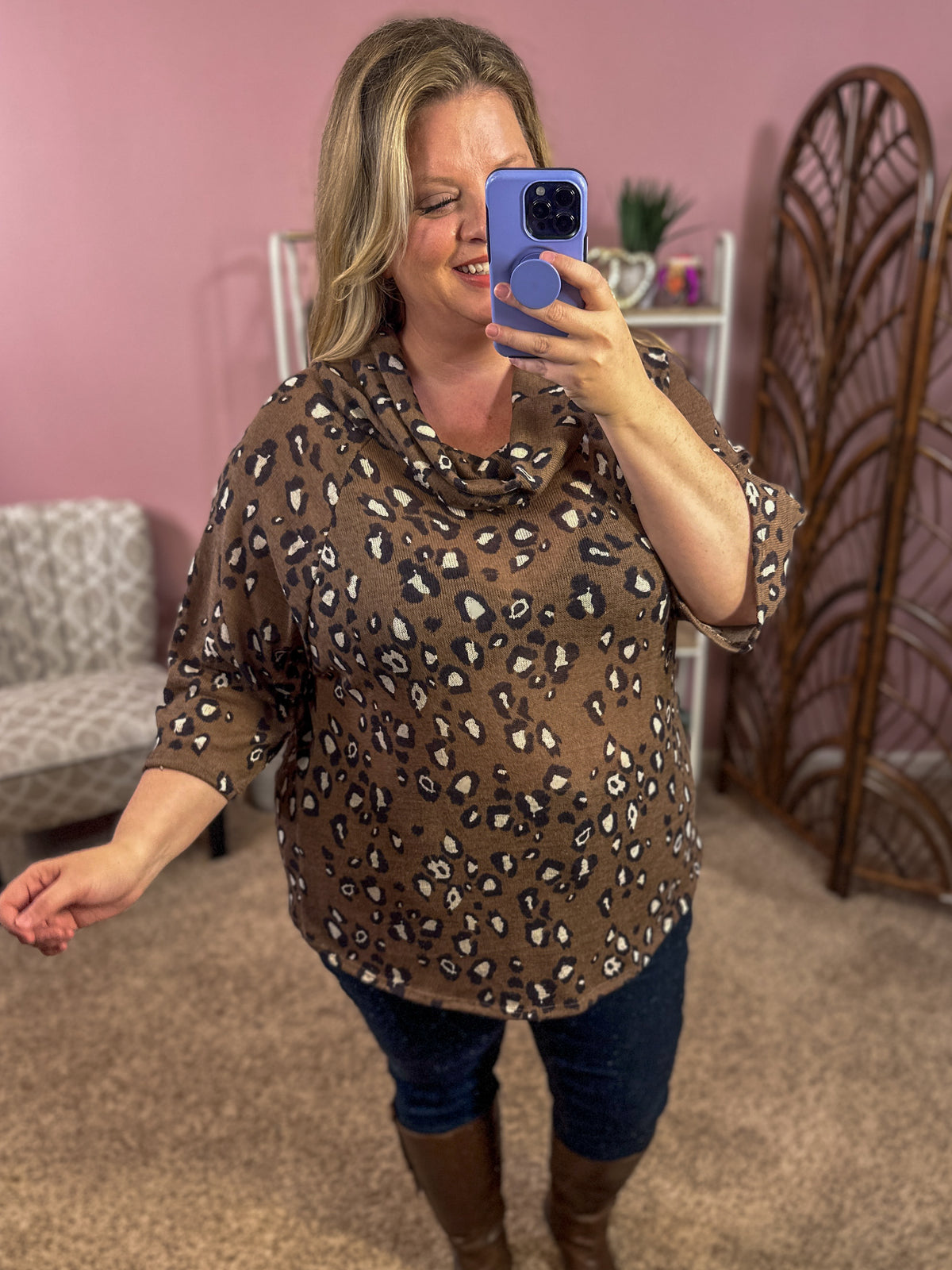 Sheer Luck Animal Print Cowl Neck Top