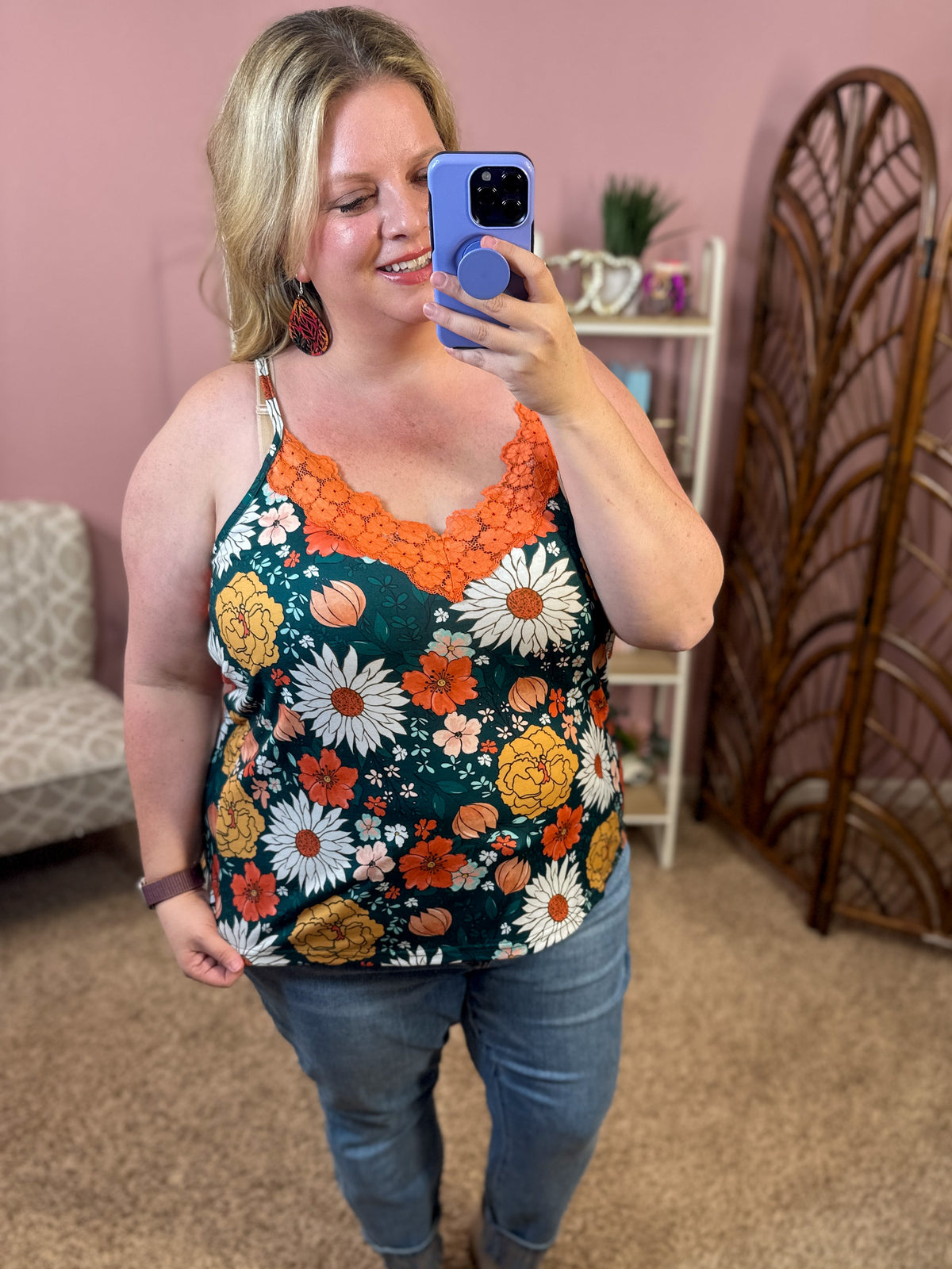 Boho Florals Lace Accent Tank - Hunter