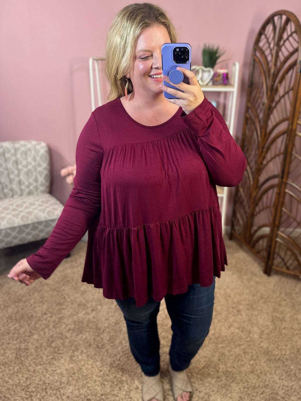 Ways of the World Loose Peplum Top - Burgundy