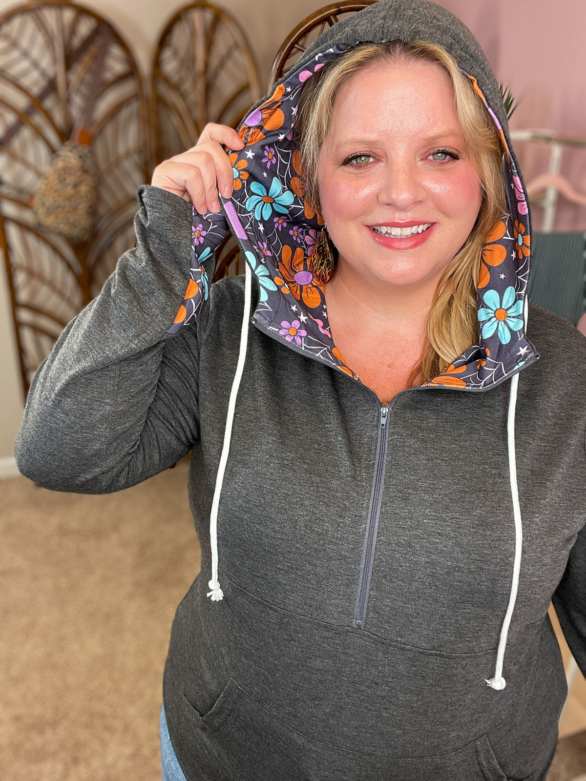 Retro Floral Fall Pullover Hoodie w/Thumbholes
