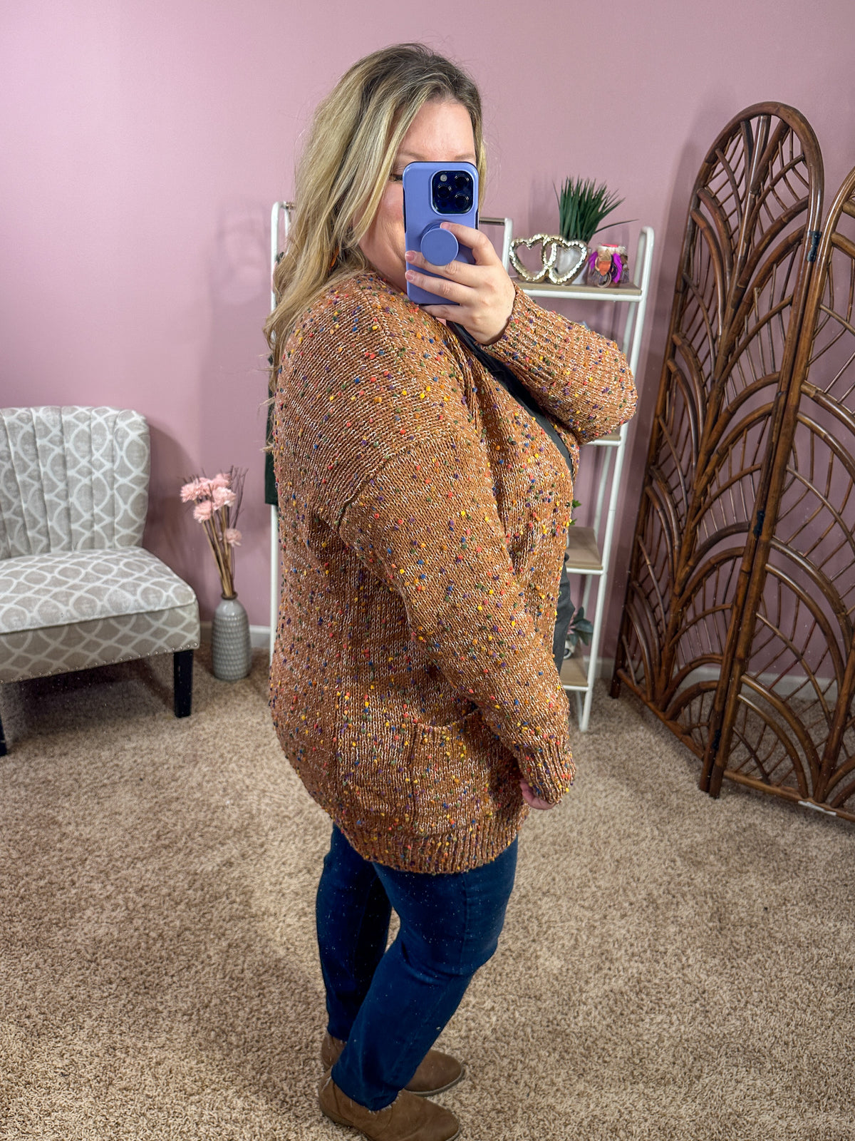 Tightly Knit Popcorn Cardigan - Spicy Brown