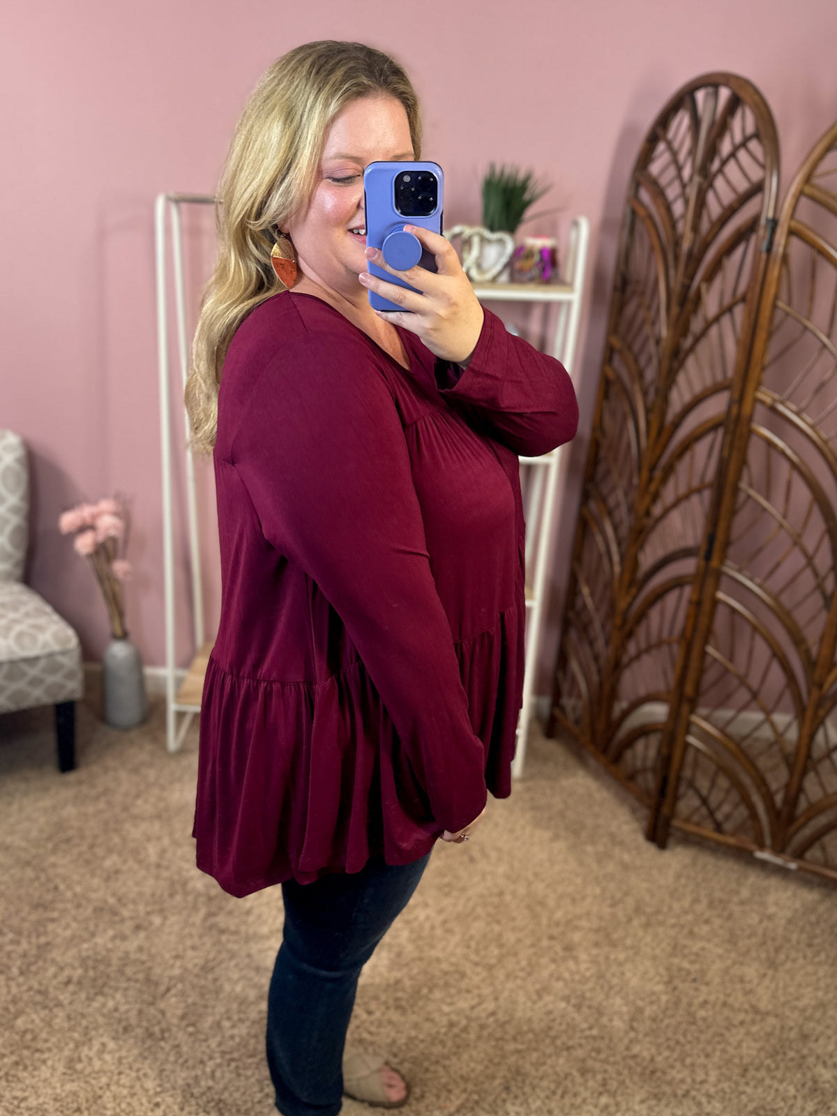 Ways of the World Loose Peplum Top - Burgundy