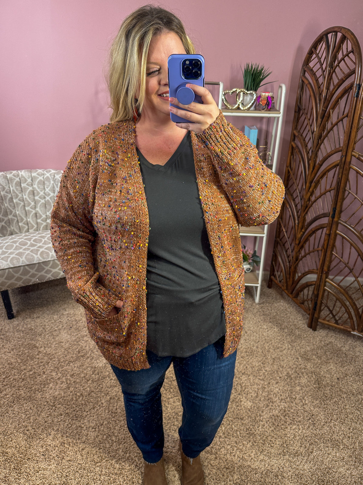 Tightly Knit Popcorn Cardigan - Spicy Brown