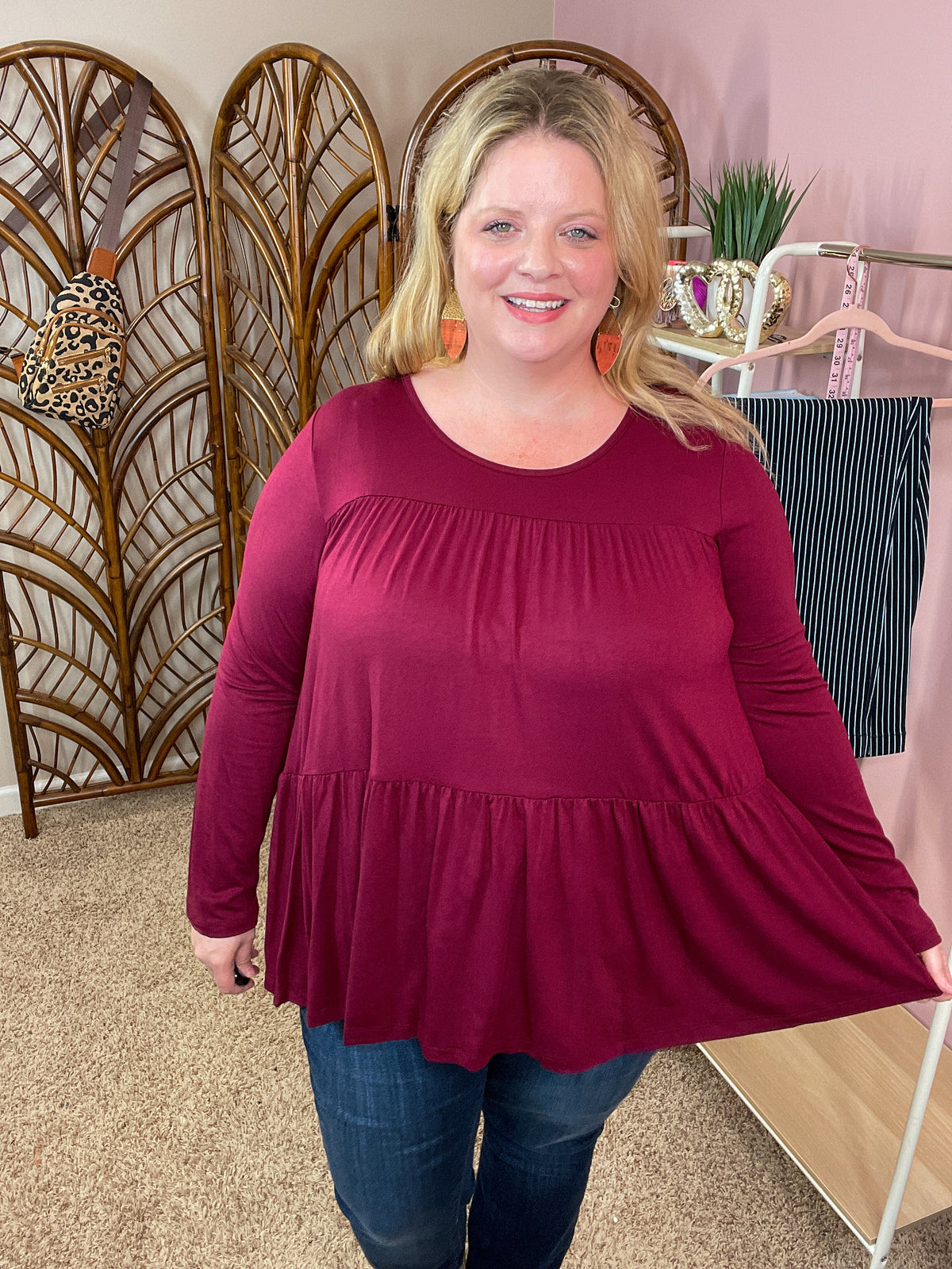 Ways of the World Loose Peplum Top - Burgundy