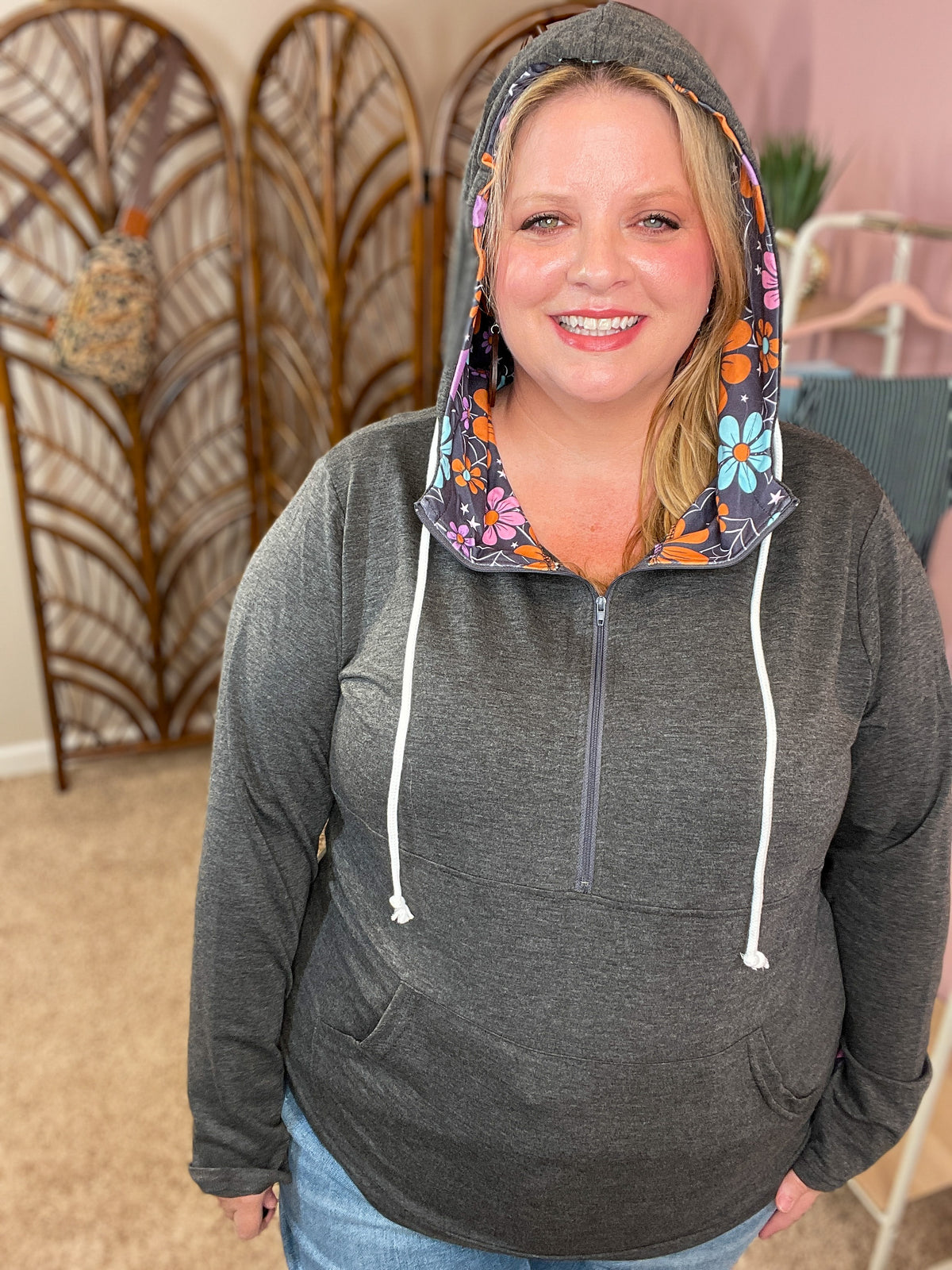 Retro Floral Fall Pullover Hoodie w/Thumbholes