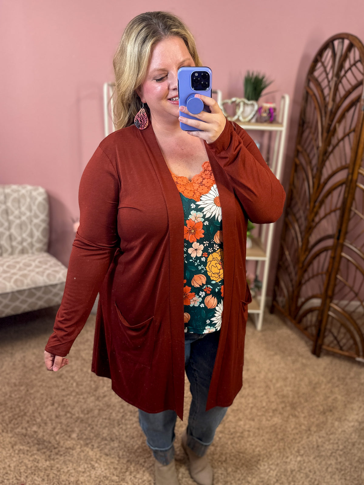 So Extra Longline Pocket Cardigan - Dark Rust