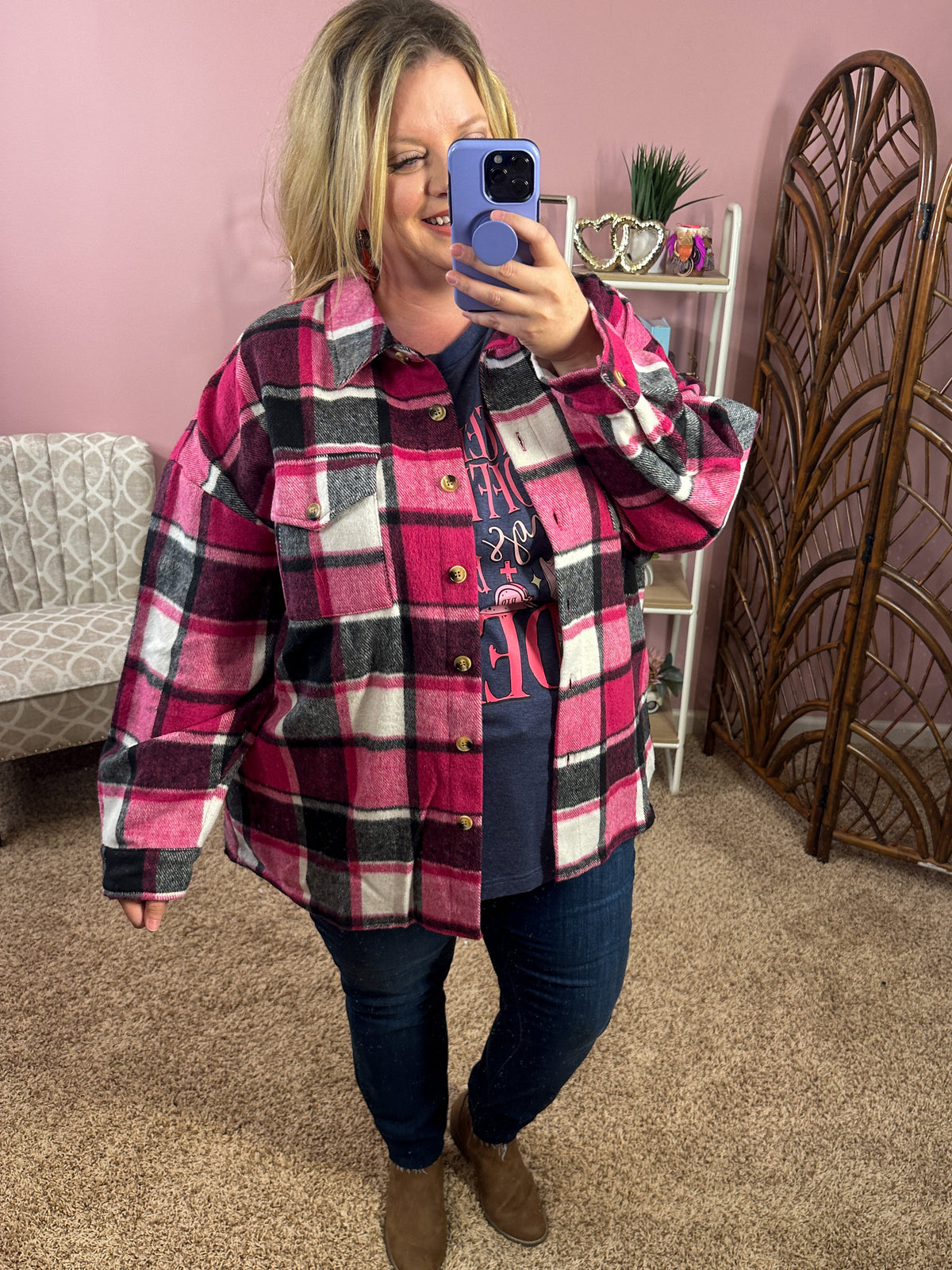 Feeling Fine Plaid Shacket - Pink Mix