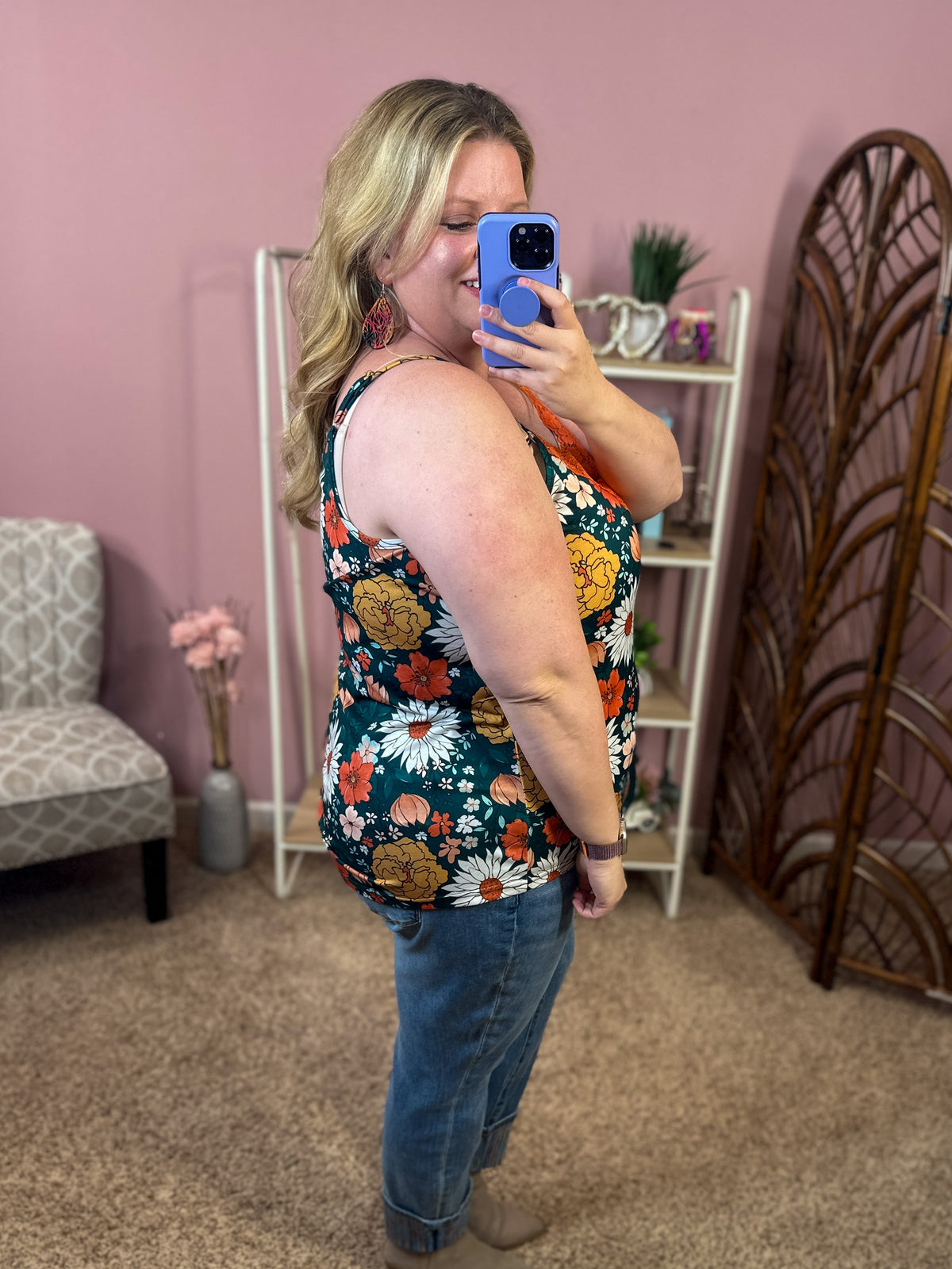 Boho Florals Lace Accent Tank - Hunter