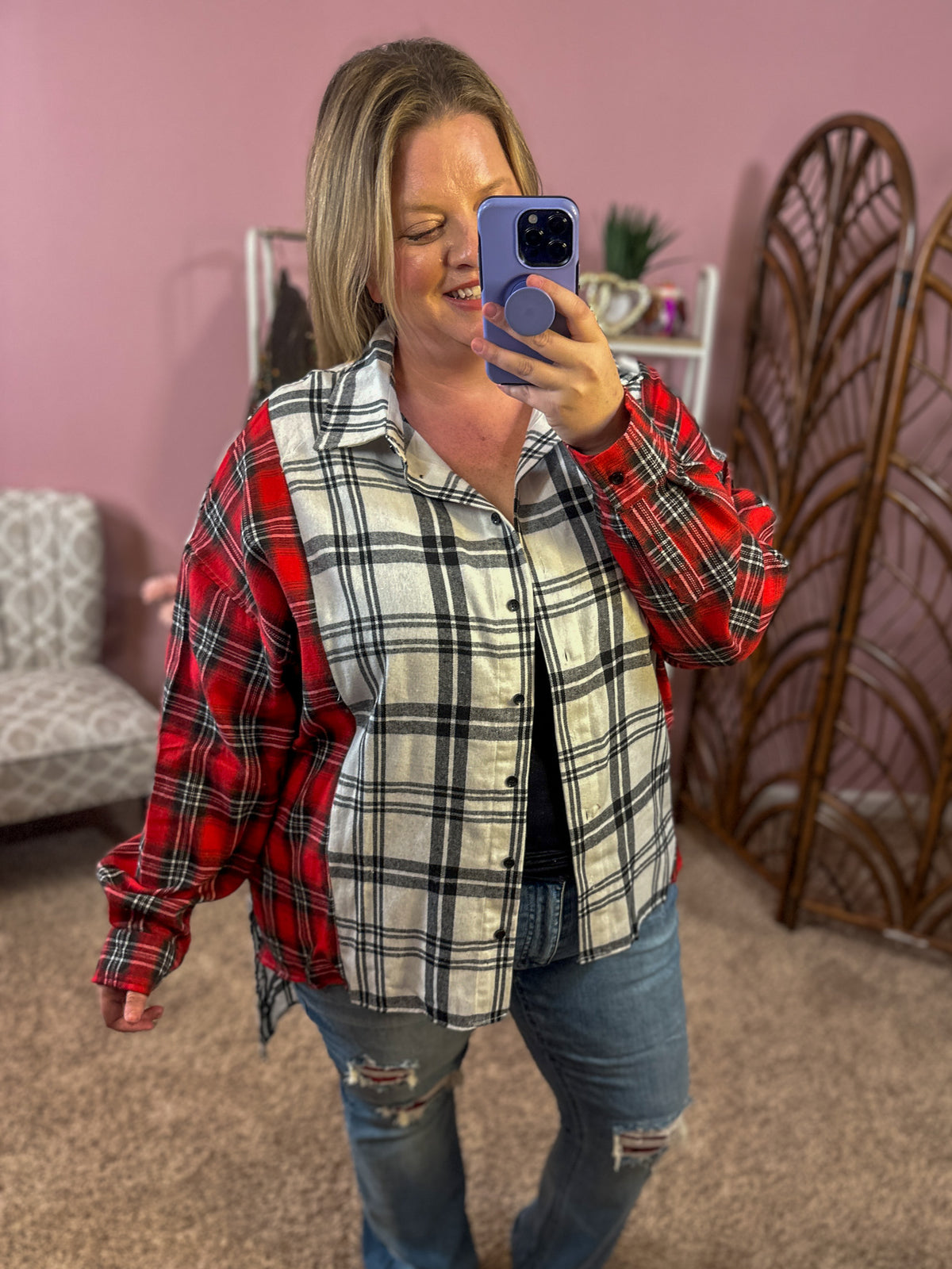 Colors of the Season Button Top - White/Red Flannel