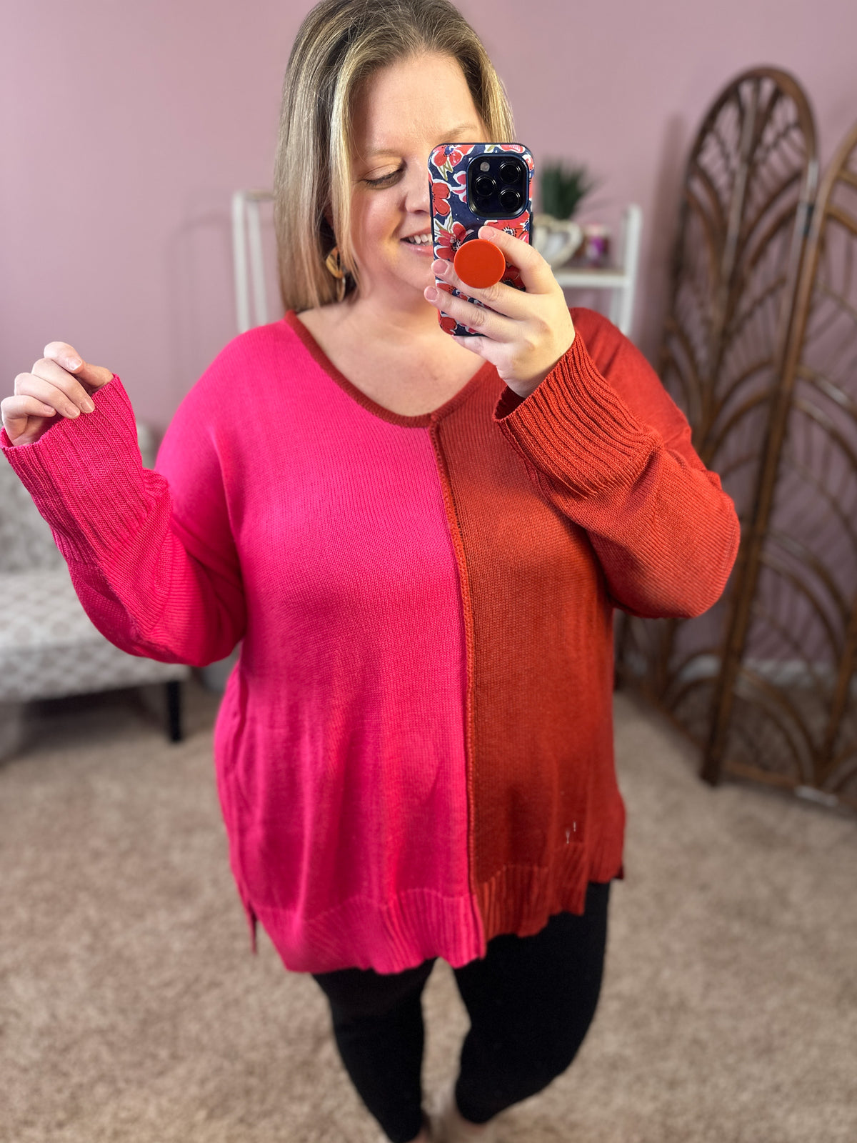 Mind Blocked Tunic Sweater - Red/Pink