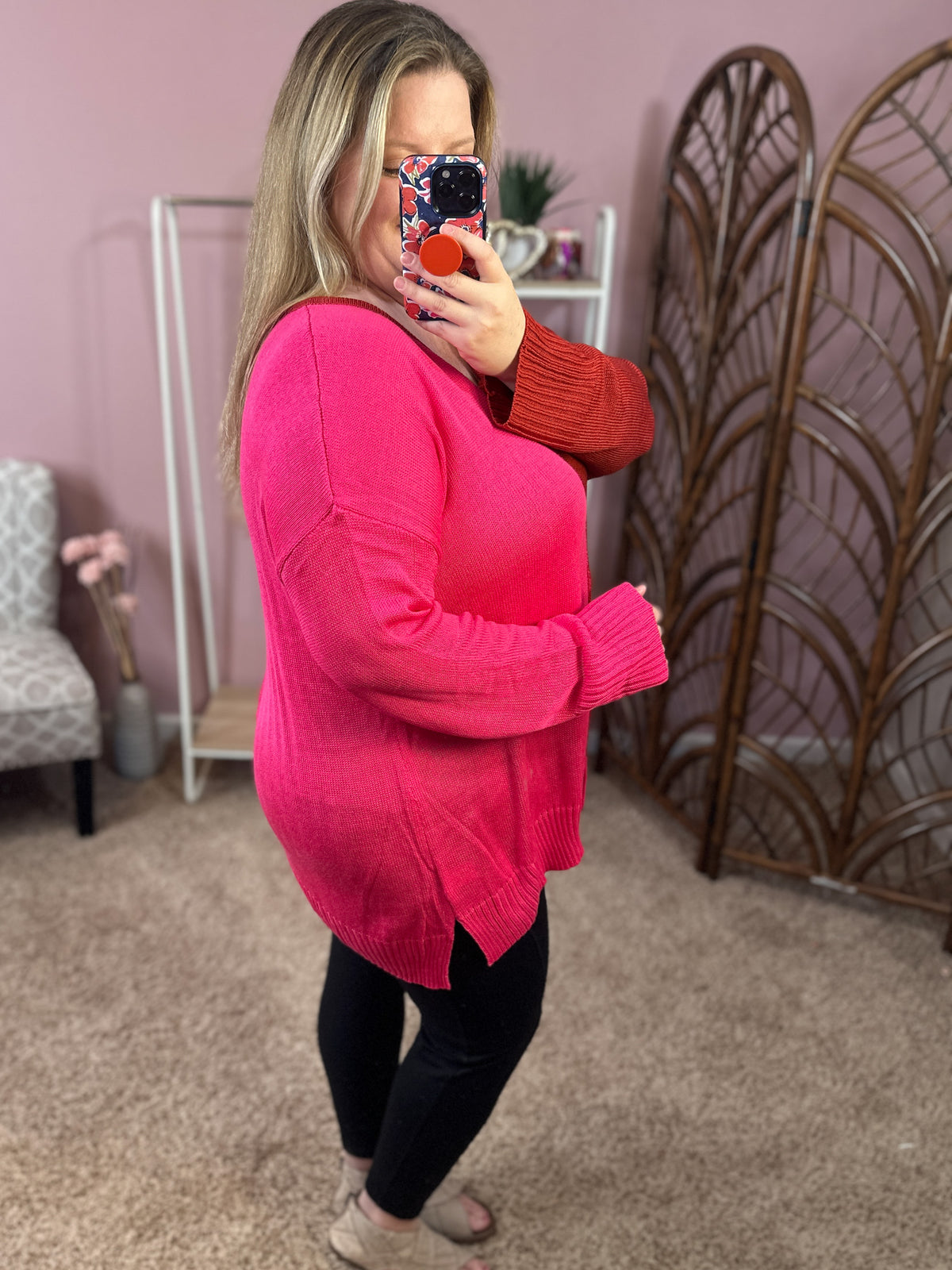 Mind Blocked Tunic Sweater - Red/Pink
