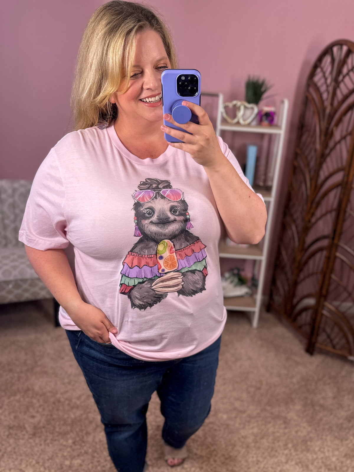 Summer Sloth Graphic Tee - Pink
